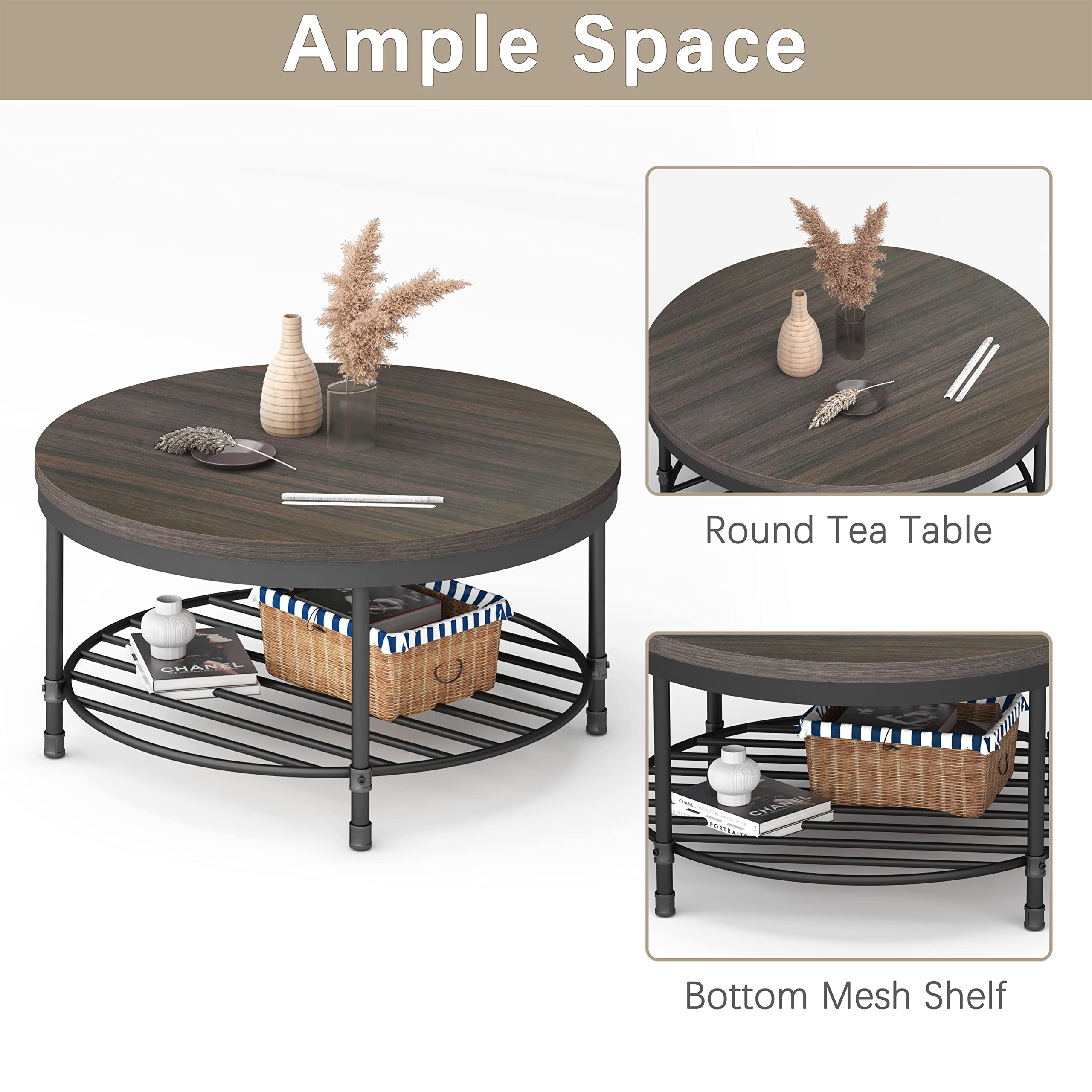 Rustic Round Coffee Table with Wood Top & Metal Legs - Industrial Sofa Table for Living Room, Modern End Table with Storage Shelf, Home Furniture (Dark Grey Brown) - Perfect for Small Spaces, Apartments, and Cozy Living Rooms