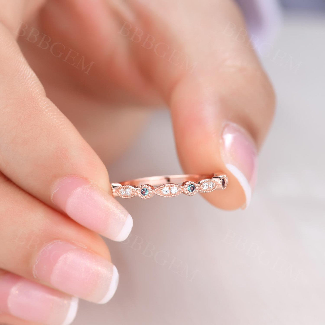 Exquisite Marquise & Round Alexandrite Diamond Wedding Ring - 14K Rose Gold Milgrain Half Eternity Band for Women | Perfect Anniversary Gift, Engagement Ring & Bridal Jewelry for Special Occasions