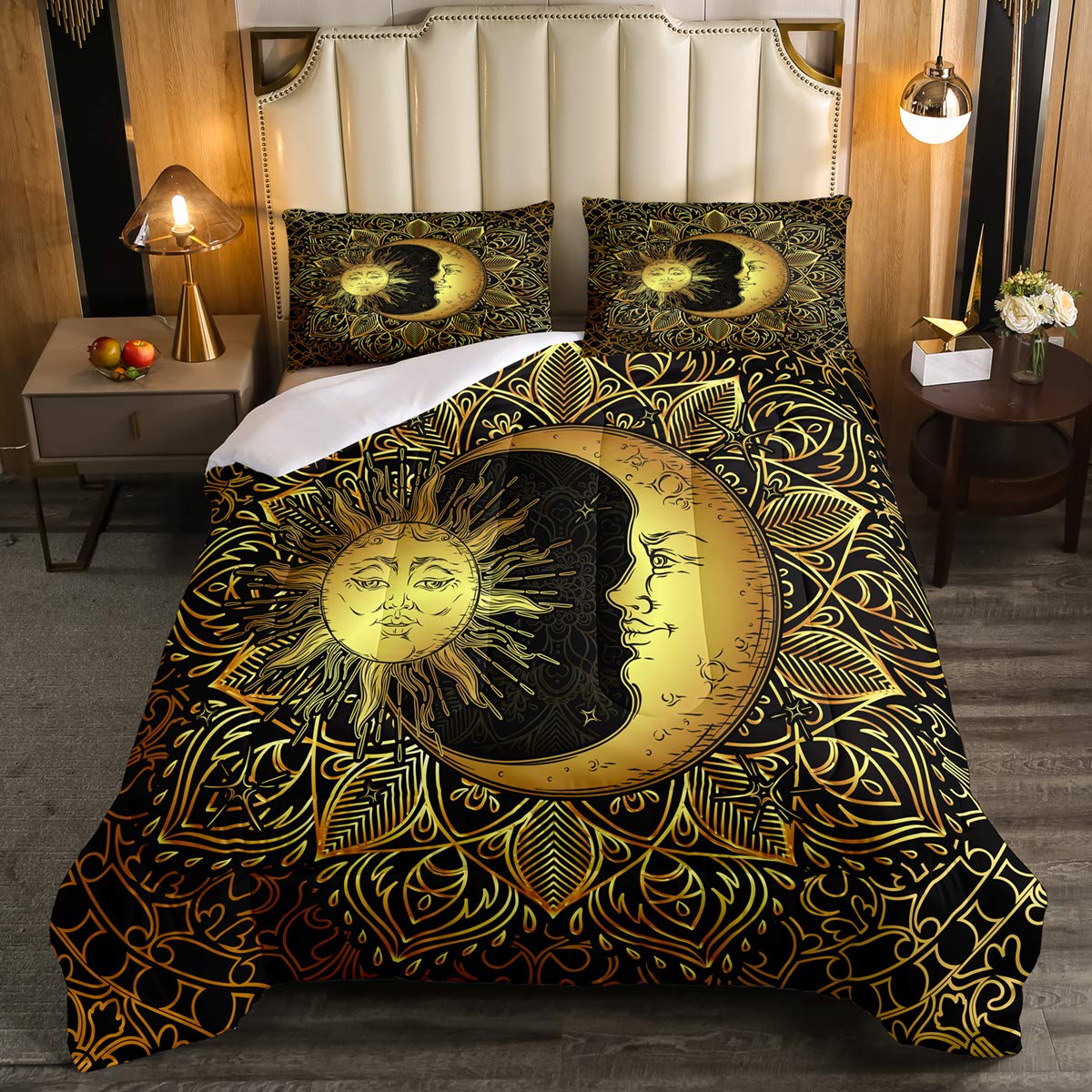 Bohemian Comforter Set Full - 3D Golden Sun & Moon Printed Down Comforter for Kids Teens Adults | Mandala Quilted Duvet Cover | Dreamcatcher Bedding Set | Trippy Boho Hippie Decor in Black | Perfect for Bedroom, Dorm Room & Bohemian Style Home Decor