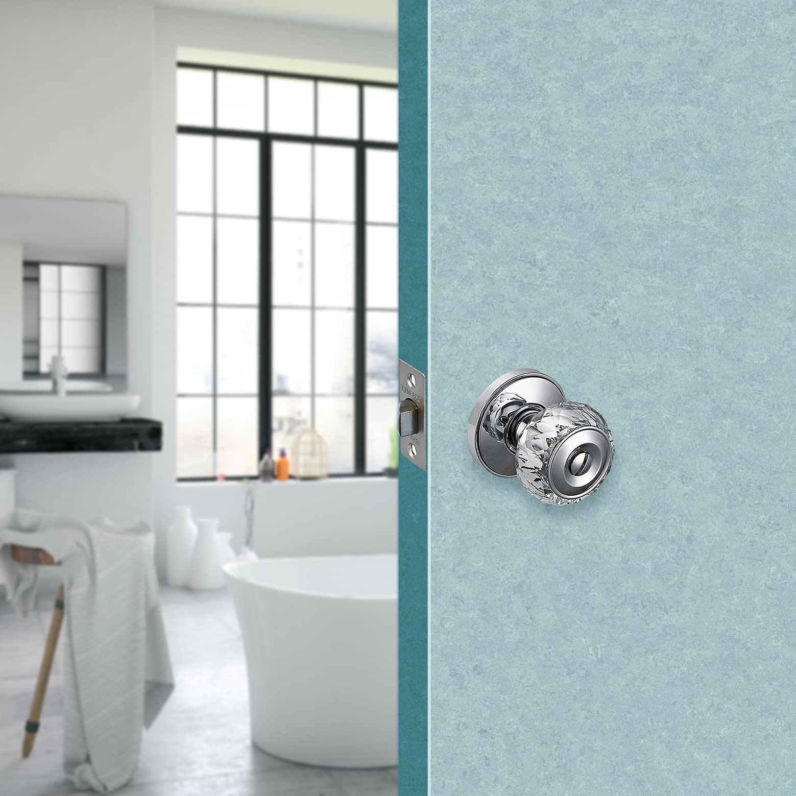 Keyless Privacy Door Knob - HD Crystal Glass, Polished Chrome for Bedrooms & Bathrooms