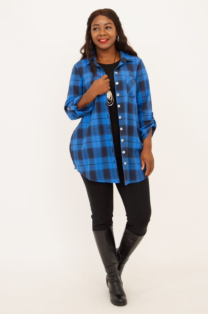 Celine Tunic Top for Women | Neptune Plaid Cotton Blouse | Casual Office Wear & Spring Outfits