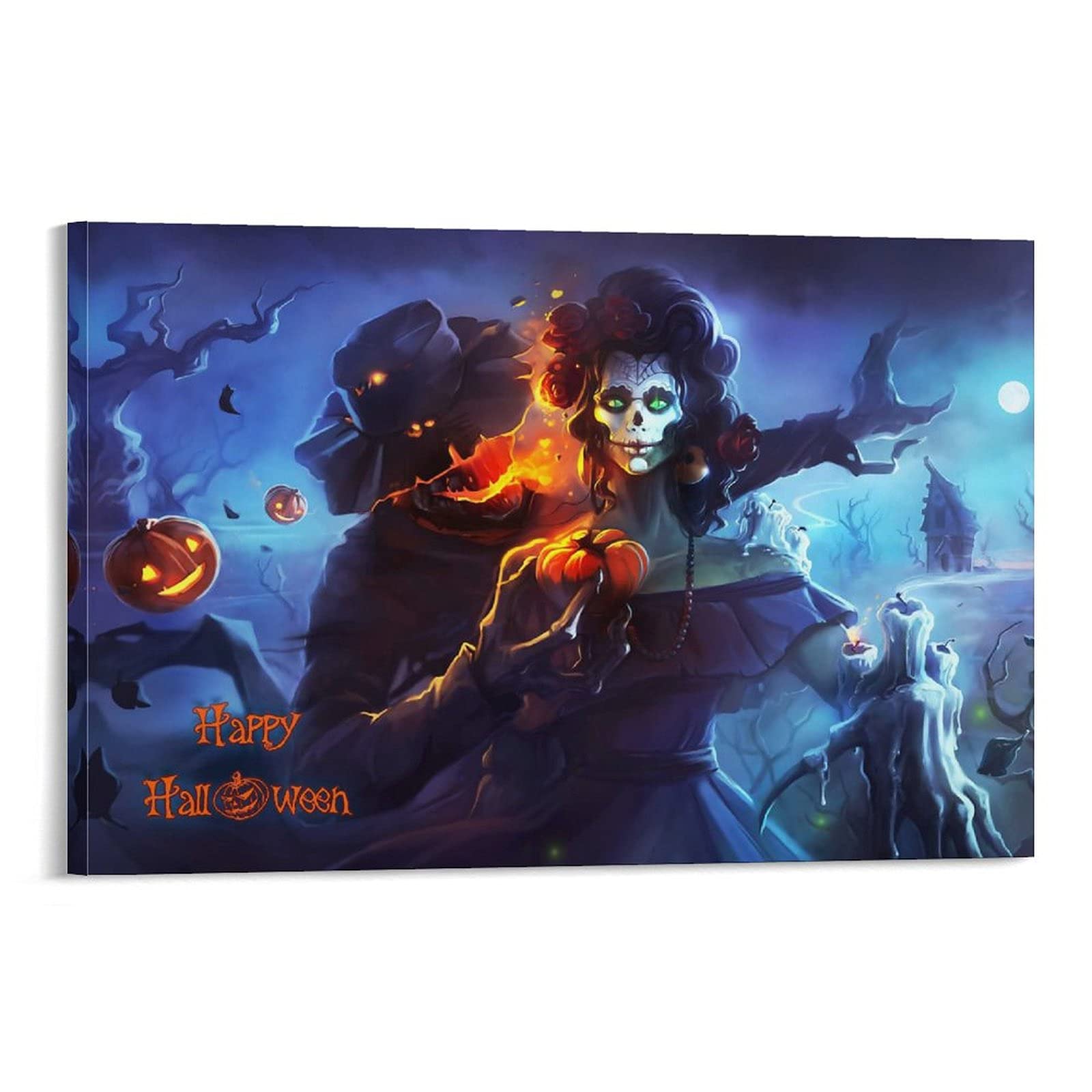 Halloween Jazz & Rose Skull Woman Canvas Wall Art - Moonlit Pumpkin Headless Jazz Poster, Gothic Jack-o'-Lantern Candle Painting for Living Room, Bedroom, or Halloween Party Decor