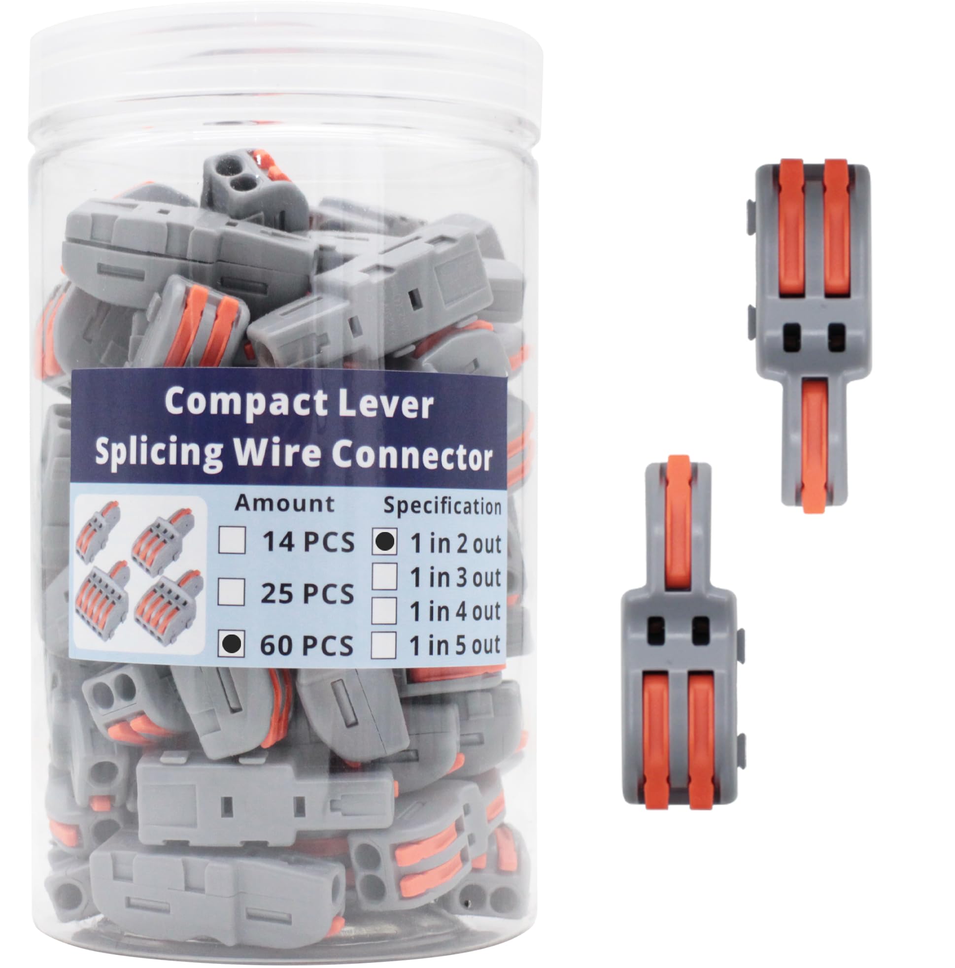 60 Pcs Lever Wire Connectors - 1 in 2 Out, 3 Port DIY Electrical Splicing Connectors with Orange Handle & Gray Shell for Home Wiring, Automotive, and Electrical Projects - Secure and Easy-to-Use Wire Terminals
