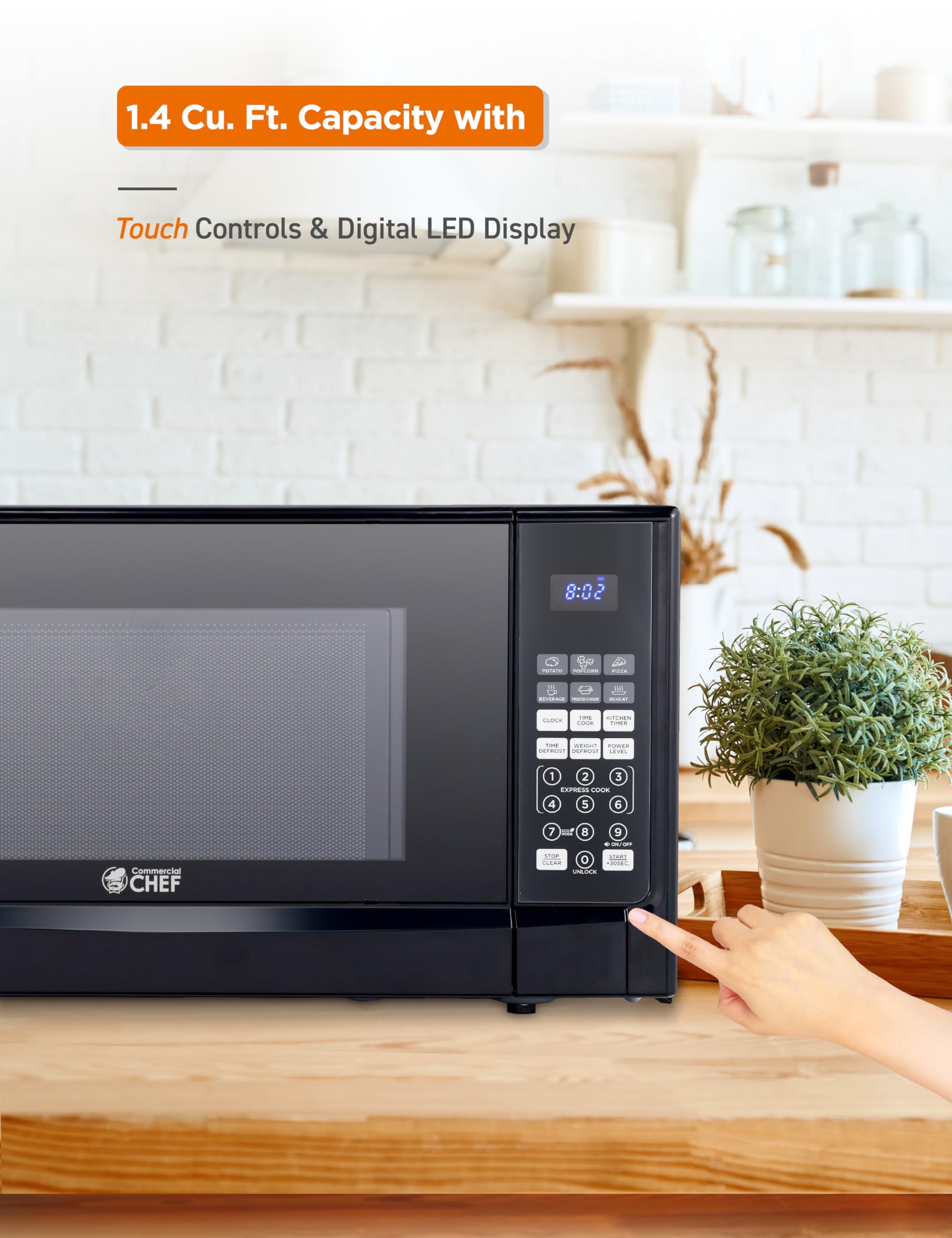 Commercial Chef 1.4 Cu Ft Countertop Microwave - 1100W with 10 Power Levels & Digital Control Panel, Push Button Operation, Timer Function - Perfect for Small Kitchens, Dorms, Offices & Home Use (Black)