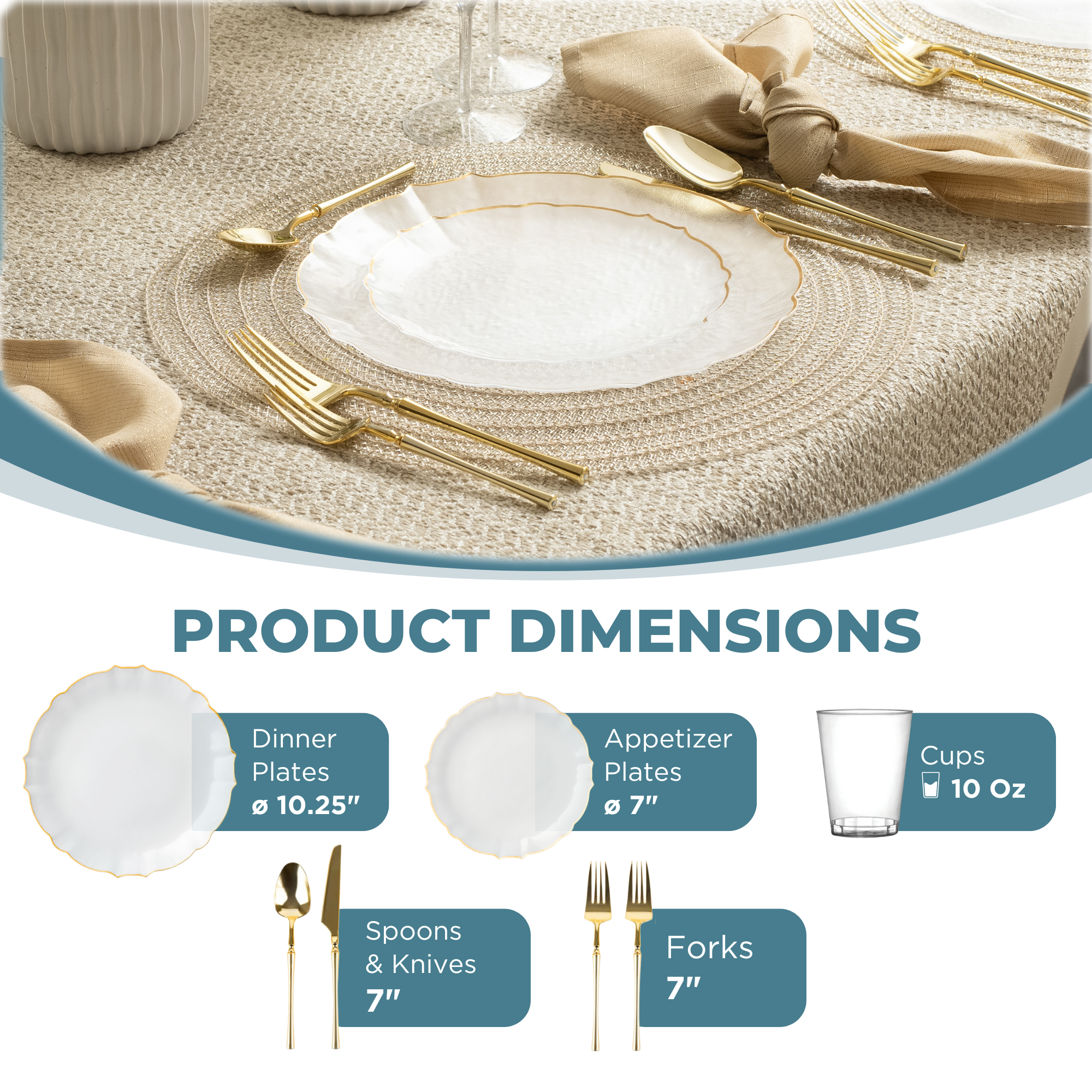 Luxury White & Gold Plastic Party Bundle - Transparent Elegant Disposable Tableware Set for Weddings, Birthdays & Special Events