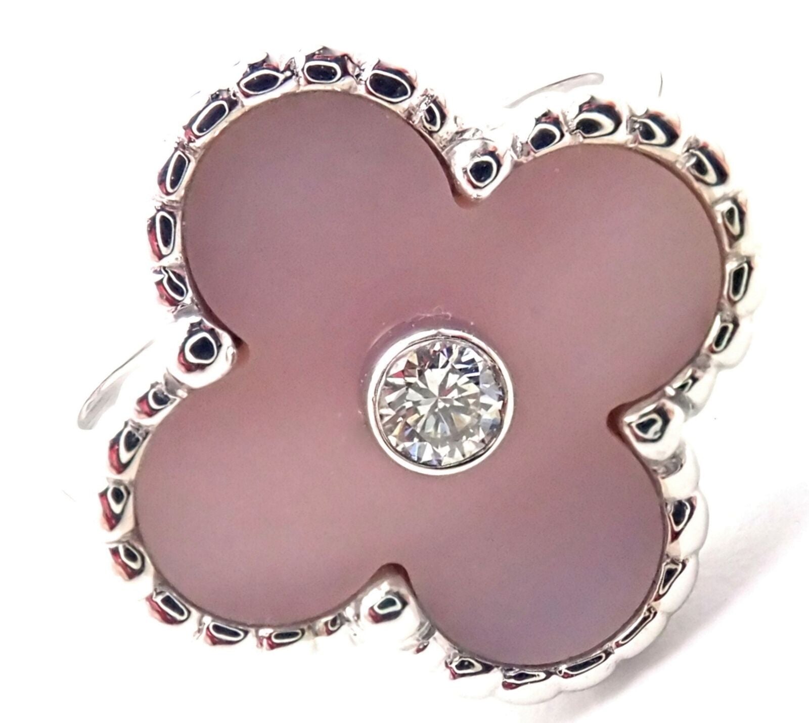 Authentic Van Cleef & Arpels Alhambra 18k White Gold Pink Opal Diamond Ring with Certificate - Luxury Jewelry for Weddings, Anniversaries & Special Occasions