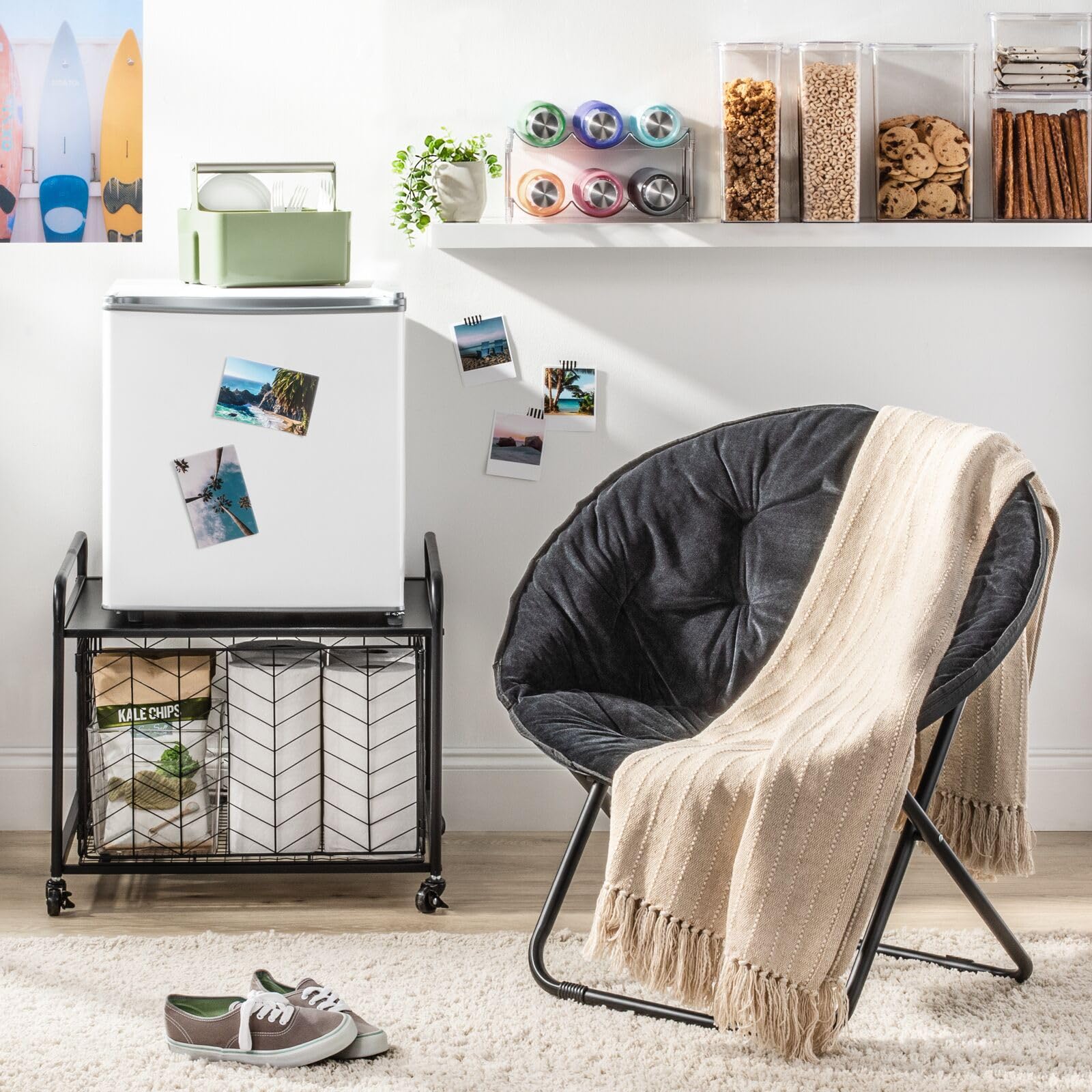 mDesign Small Portable Mini Fridge Storage Cart with Wheels - Mobile Rolling Organizer for Refrigerator, Microwave & Appliances - Includes Drawer Basket - Perfect for Dorm Room, Studio & Small Apartments - Black - Ideal for Kitchen Storage, Bedroom Organization & Small Space Living