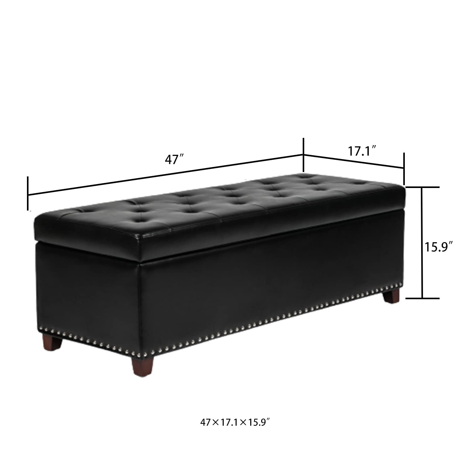 Joveco 47 Inch Tufted Leather Storage Ottoman Bench with Nailhead Trim - Black Footrest Stool for Bedroom, Living Room & Entryway - Multi-Functional Seat & Hidden Storage Space