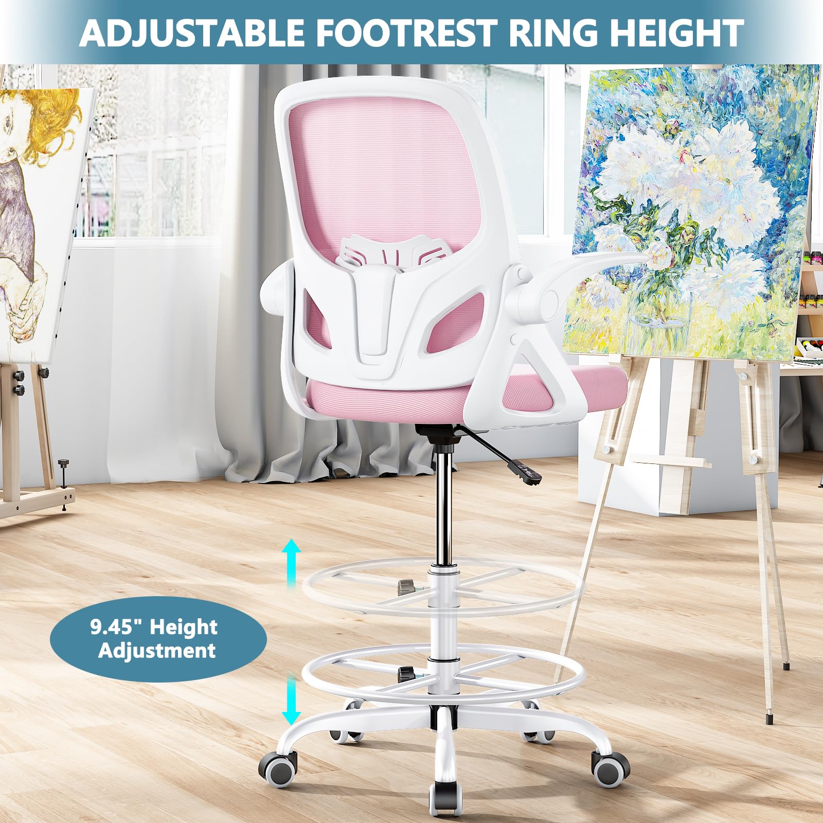 Ergonomic Tall Drafting Chair with Footrest Ring - Adjustable Height Office Chair with Flip-Up Arms & Lumbar Support for Home & Work - Perfect for Architects, Designers & Extended Computer Use (Pink)