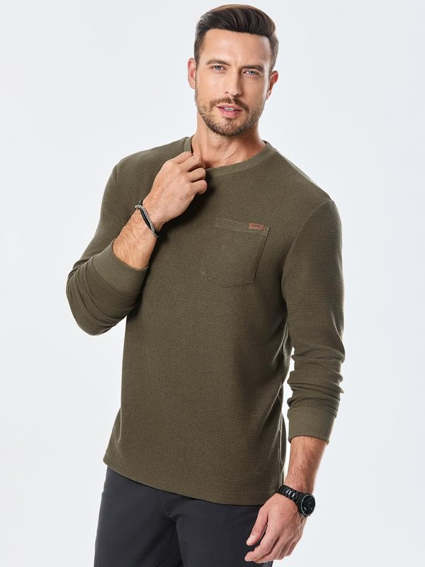 Men's Lightweight Long Sleeve Crewneck Sweater - Honeycomb Waffle Knit Casual Shirt with Pocket | Perfect for Fall Layering, Office Wear & Weekend Outfits