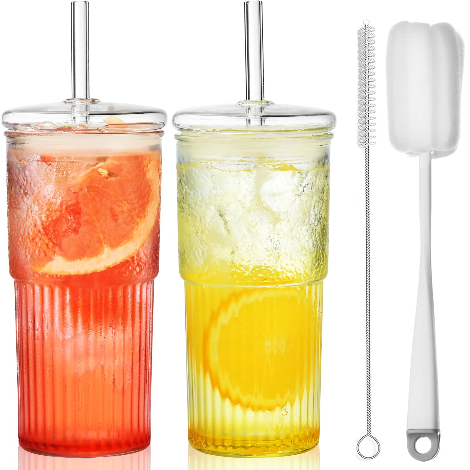 ALINK 22 oz High Borosilicate Glass Cups with Lids and Straws - Clear Iced Coffee Tumblers, Smoothie & Tea Drinking Glasses - Pack of 2 with Cleaning Brush - Perfect for Cold Brew, Iced Tea, and Refreshing Summer Drinks