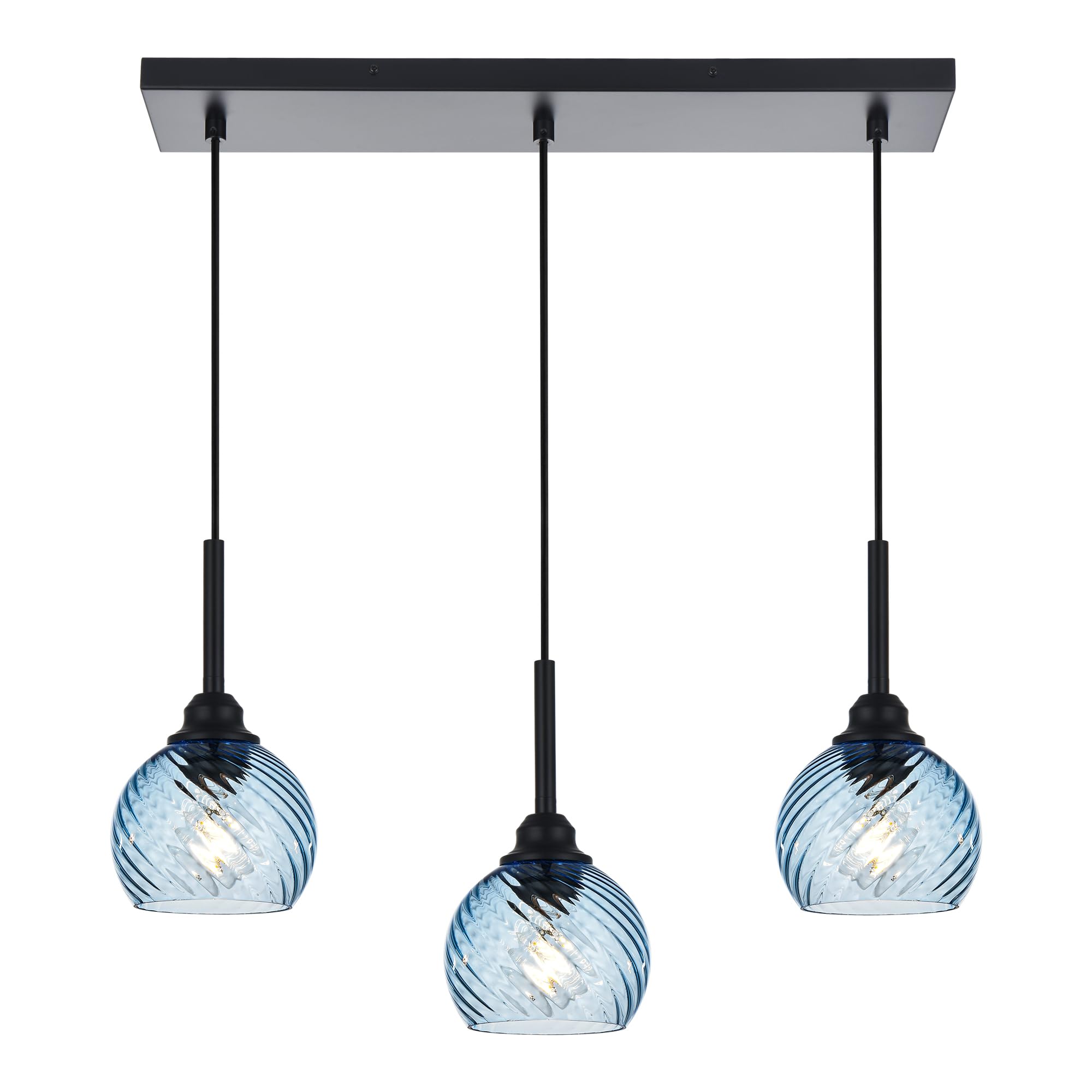 Black Linear Hanging Pendant Light Fixture - 3-Light Farmhouse Chandelier with Striped Swirl Glass Globes for Kitchen Island, Dining Room, Bar & Living Room | Modern Rustic Lighting for Home Decor