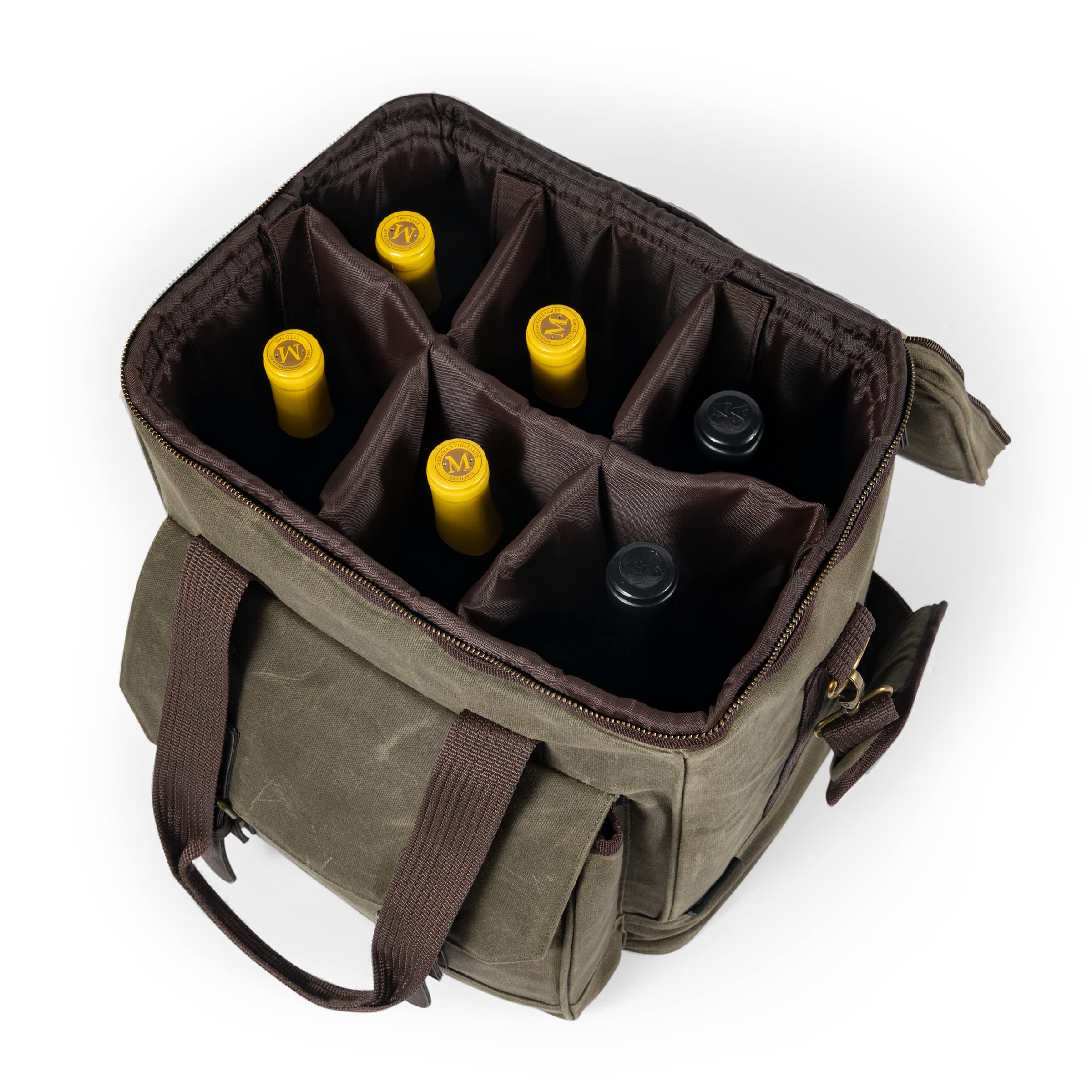 LEGACY by Picnic Time - Distressed Waxed Canvas 6 Bottle Insulated Wine Cooler Tote Bag - Khaki Green - Perfect for Outdoor Picnics, Beach Trips & Wine Tastings