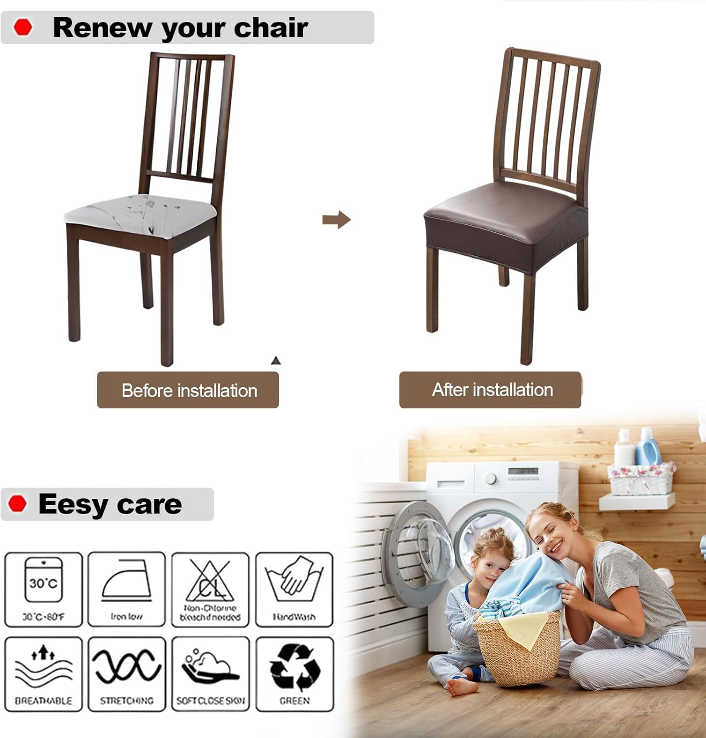 Waterproof PU Leather Dining Chair Covers Set of 6 - Washable Seat Protectors for Kitchen & Dining Room