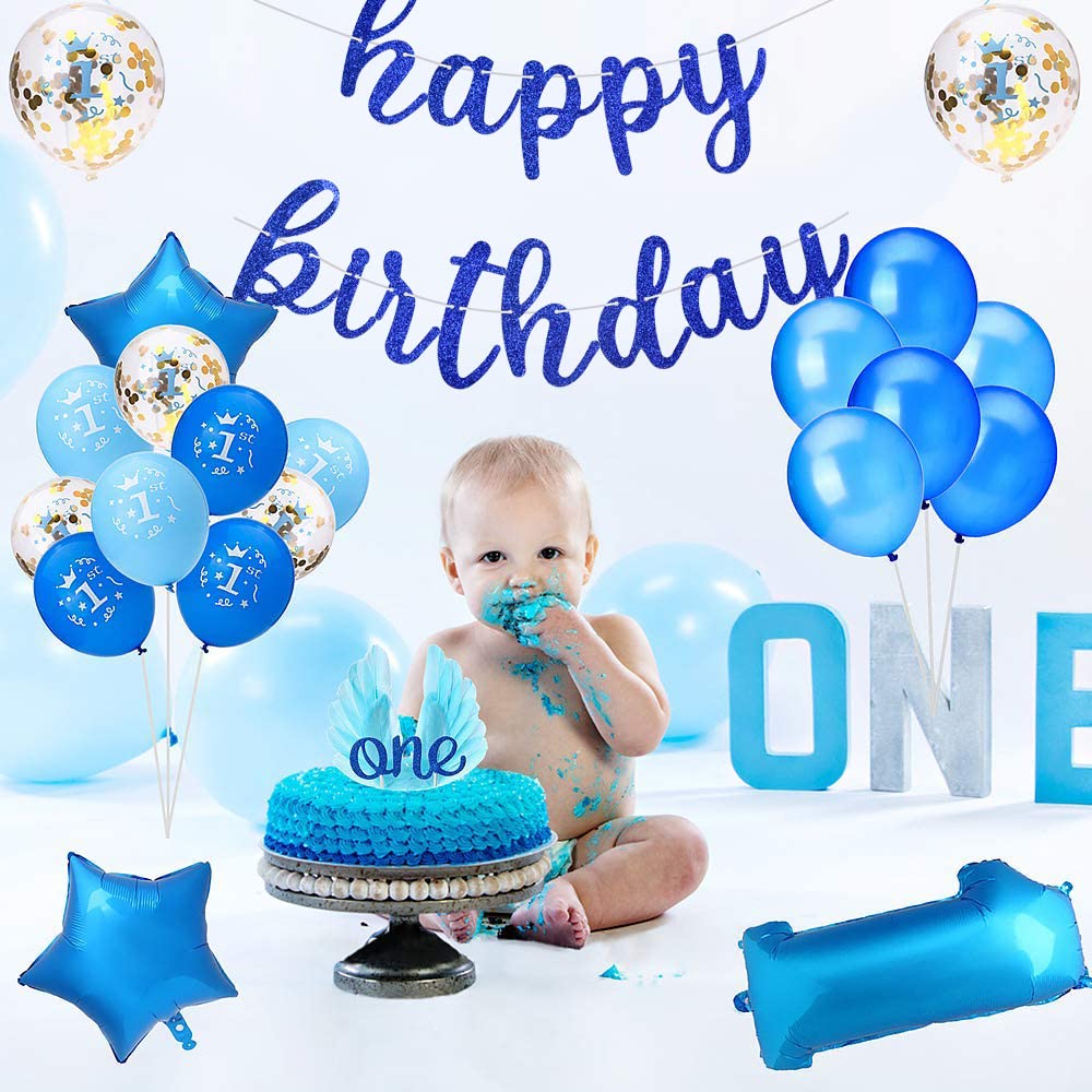 BEISHIDA Blue Happy Birthday Banner - Pre-Strung Glitter Party Garland - Ready to Use Birthday Decorations for Parties, Baby Showers & Celebrations - No DIY Required