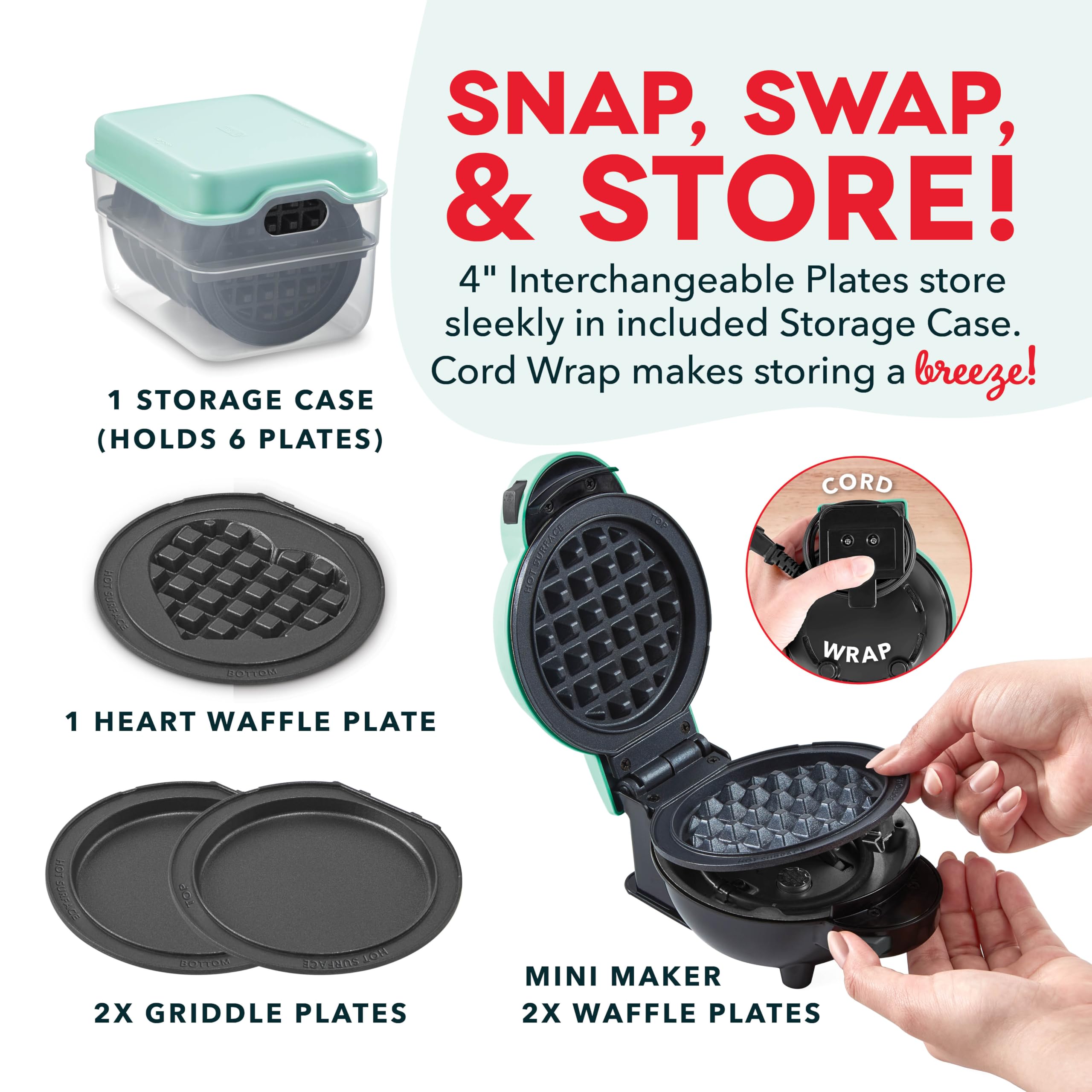 Multi-Plate Mini Waffle Maker with Removable Plates & Storage Case - Perfect for Breakfast, Snacks & Kids Lunch Boxes