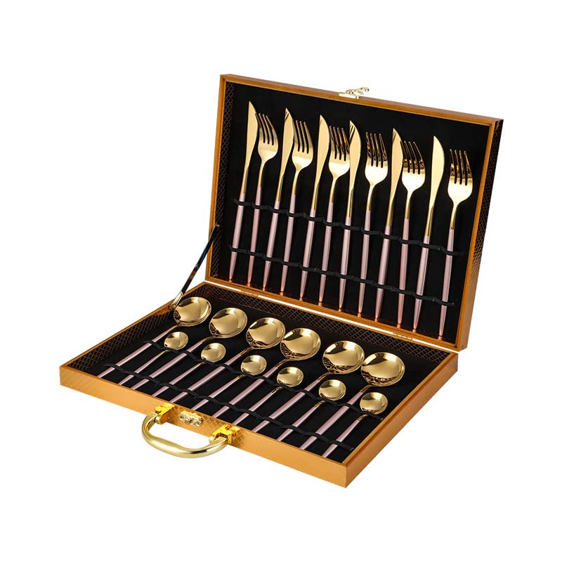 24-Piece Stainless Steel Silverware Flatware Set - Elegant Pink & Gold Cutlery for Dining, Travel, Camping | Includes Steak Knives, Forks, Coffee Spoons | Durable & Reusable Dinnerware for Home, Picnics, Parties