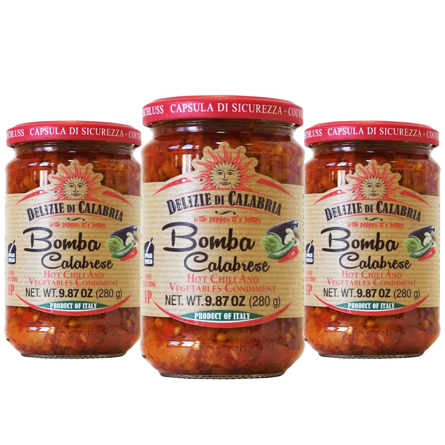 Bomba Calabrese Italian Hot Sauce Spread - 9.87oz (Pack of 3) | Authentic Spicy Chili Pepper Condiment for Pizza, Pasta & Sandwiches | Gourmet Italian Cooking & Charcuterie Board Essential