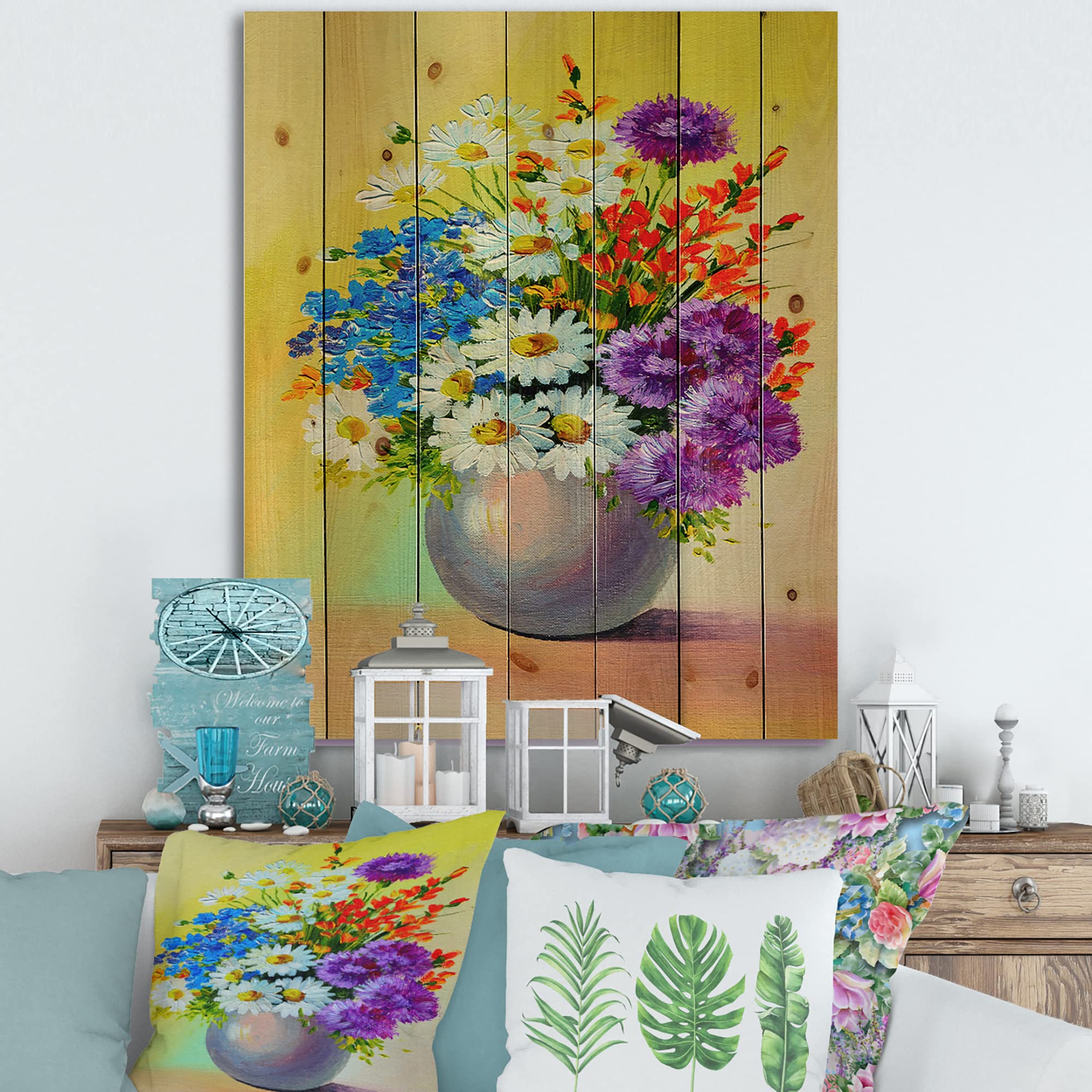 Blue Red White Floral Wood Wall Art - Large Pine Decor for Living Room