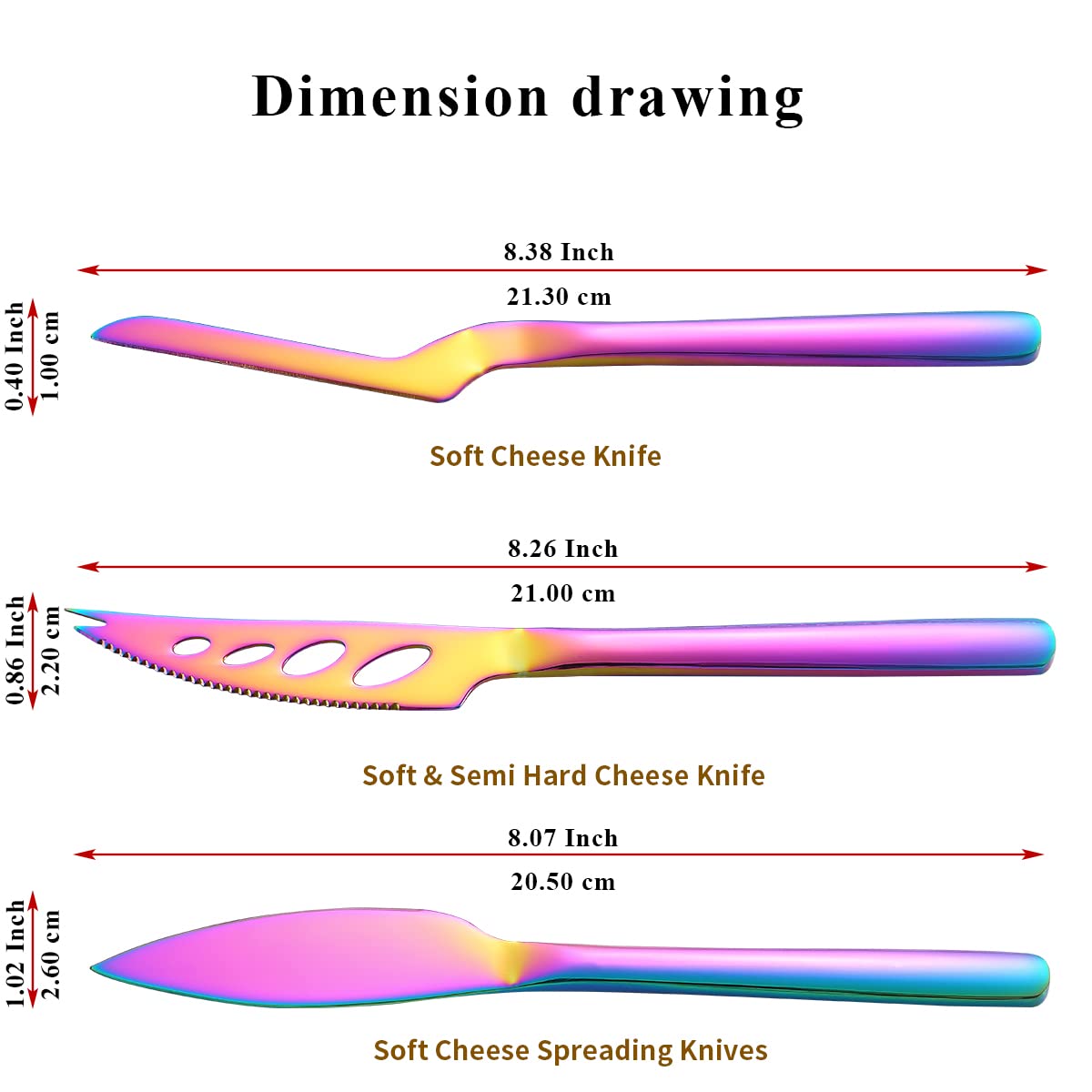 Kyraton 3-Piece Rainbow Cheese Knife Set - Ergonomic Titanium Plated Cheese Slicer, Butter Knife & Cheese Cutter for Hard & Soft Cheeses - Perfect for Charcuterie Boards, Wine Parties & Gourmet Cooking