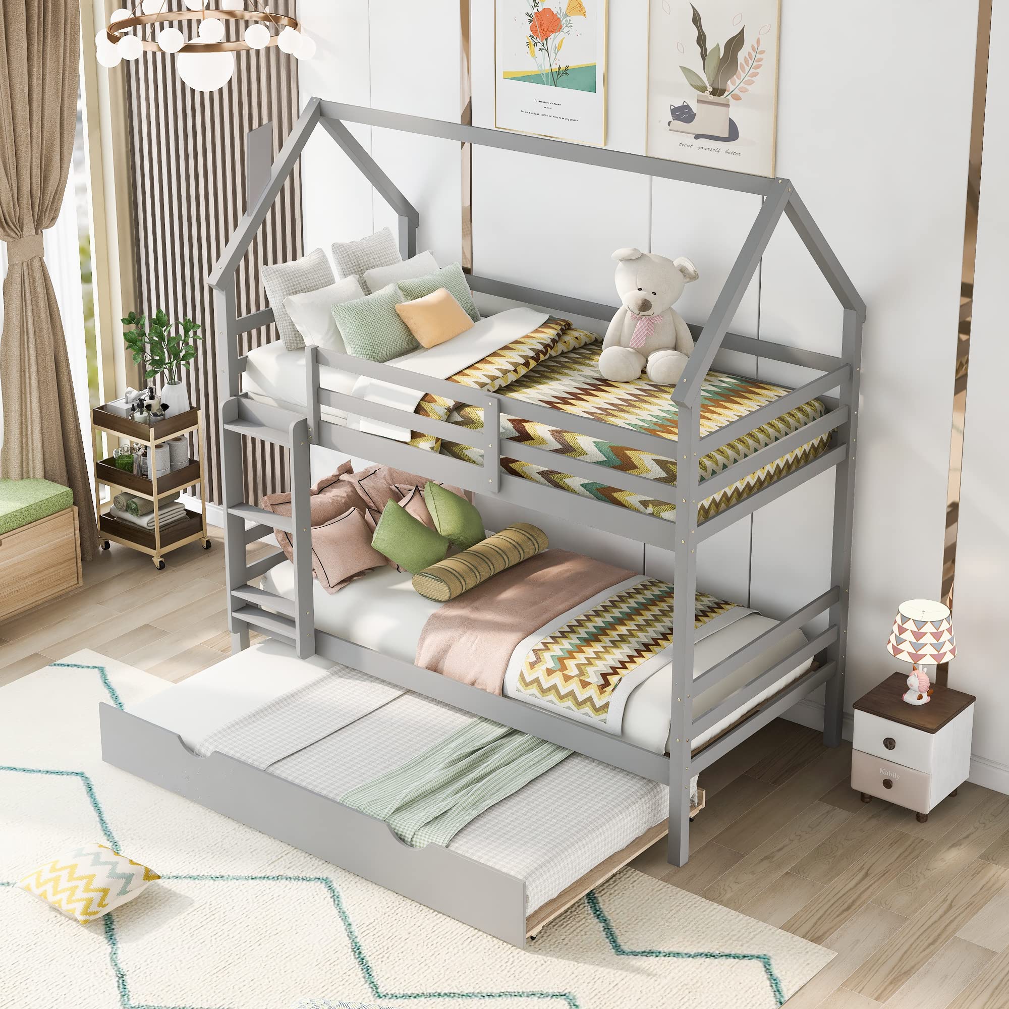 P PURLOVE Twin Over Twin Wood Bunk Bed with Trundle - Low Chimney Design Kids House Bed with Ladder for Teens - Perfect for Small Bedrooms, Shared Kids Rooms & Sleepovers