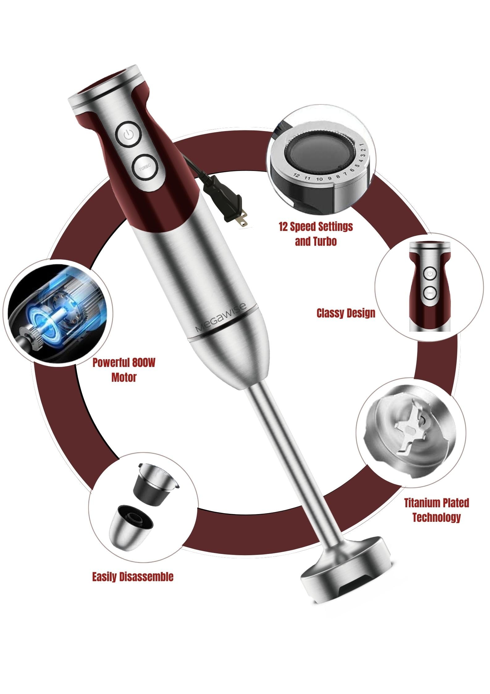MegaWise Pro Titanium Reinforced 3-in-1 Immersion Hand Blender - 800W Powerful Motor, 12-Speed Control, Ultra Sharp Blades - Includes Whisk & Milk Frother (Red) - Perfect for Smoothies, Soups, Sauces & Baking