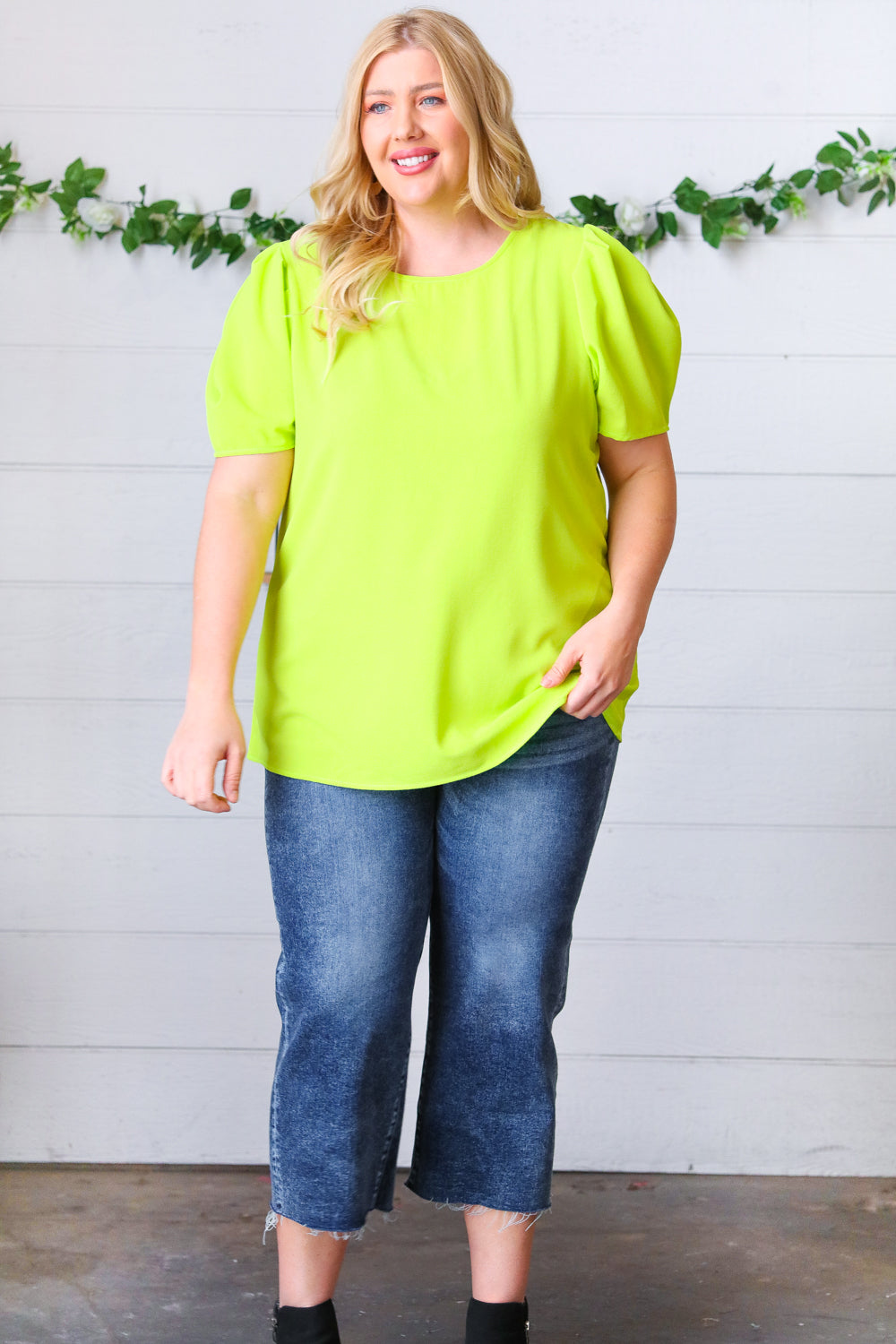 Stylish Neon Green Round Neck Puff Sleeve Crepe Blouse for Women | Trendy Casual & Party Wear | Perfect for Date Nights, Office Outfits & Summer Fashion
