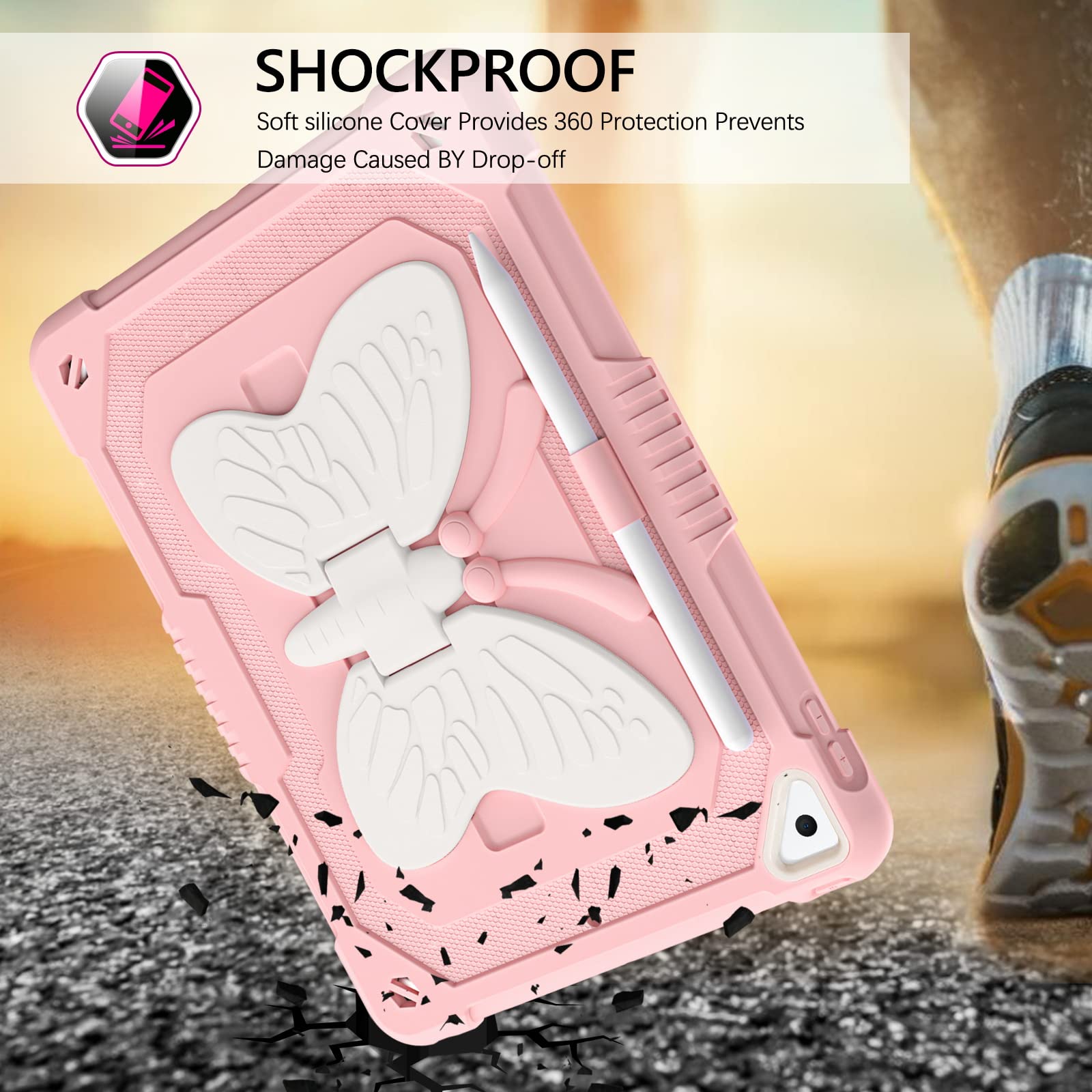GUAGUA 2 in 1 Shockproof iPad Case with Kickstand - Rugged Protective Cover with Pen Holder for iPad 6/5/Air 2/9.7/Pro 9.7 - Anti-Scratch, Durable Design in Pink/Beige - Perfect for Travel, Work & School Use