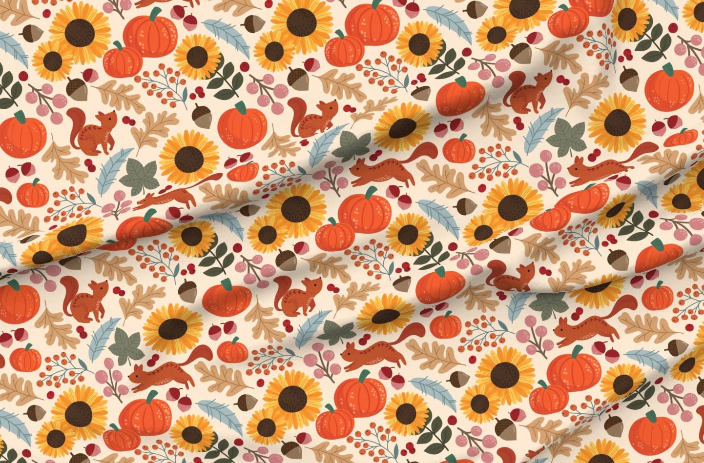 Autumn Garden with Squirrels Printed Satin Fabric Fat Quarter - Premium Spoonflower Fabric for Sewing, Lining, Apparel, Fashion, Blankets & Home Decor - Perfect for DIY Crafts, Quilting, and Seasonal Home Decoration