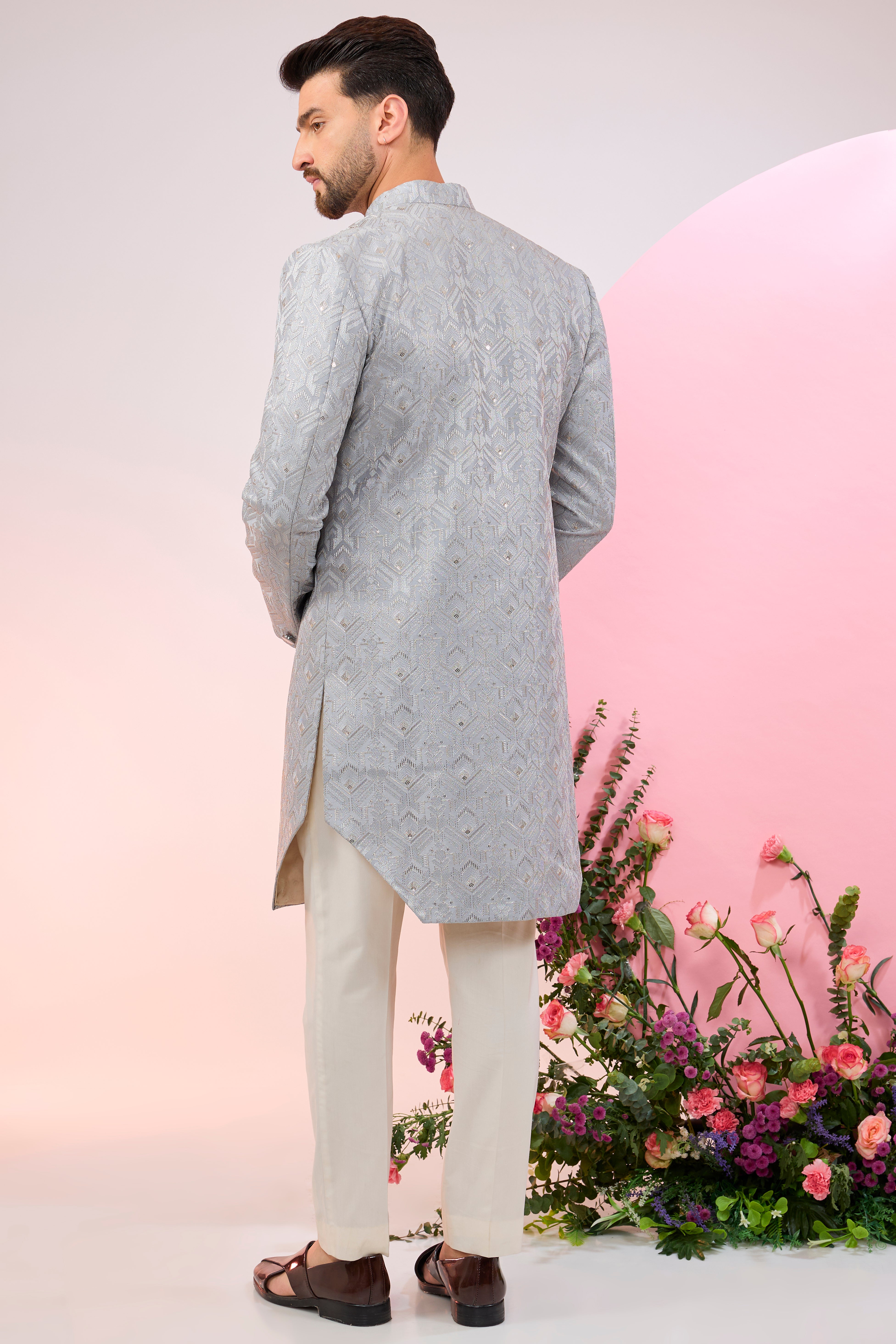 Powder Blue Royal Cut Indo-Western Dress - Elegant Fusion Outfit for Parties, Weddings & Festive Occasions