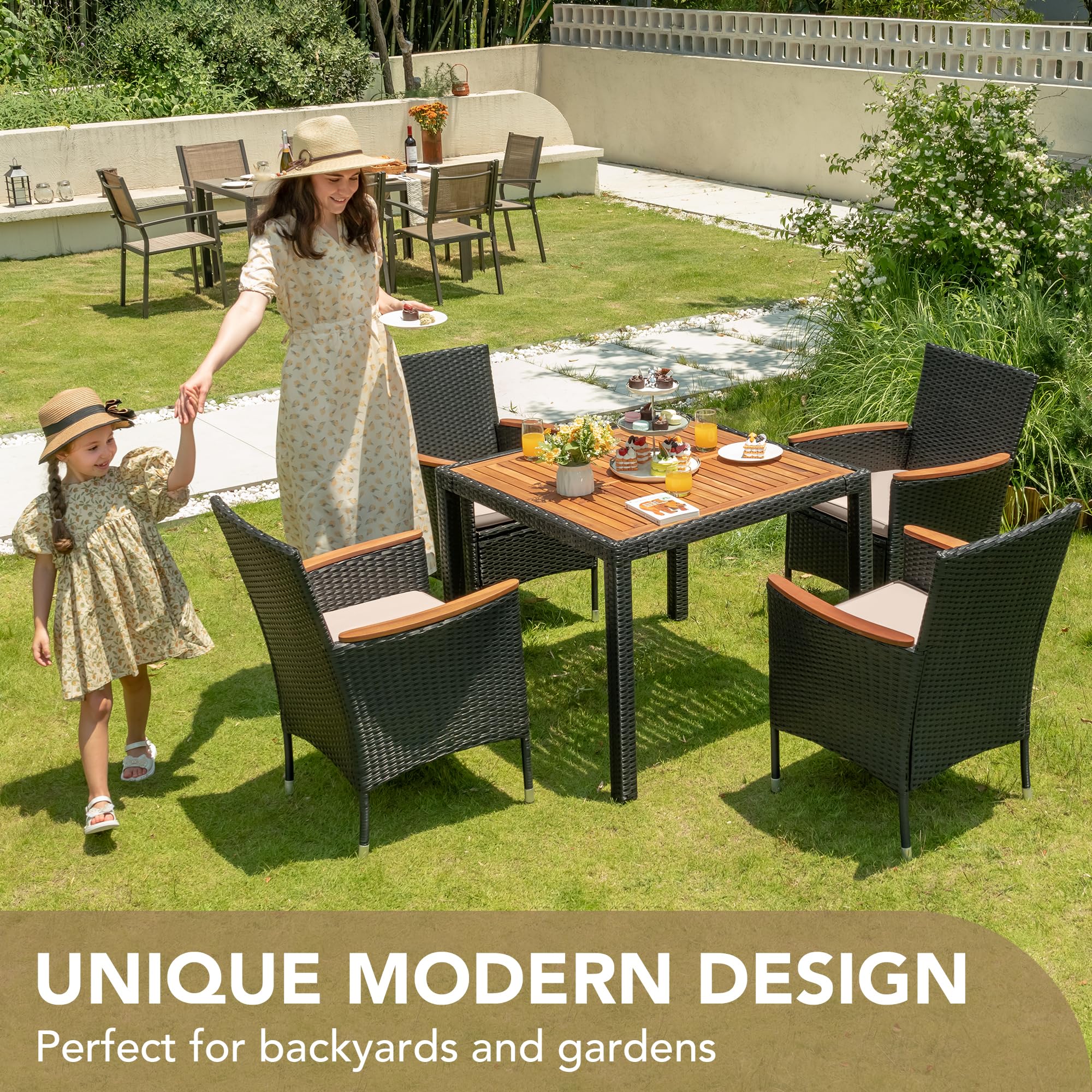 Devoko 5-Piece Outdoor Patio Furniture Set - Acacia Wood Top & Rattan Dining Table with Chairs for Backyard, Garden, Deck - Black | Perfect for Outdoor Entertaining, BBQ Parties, and Relaxing in Your Yard