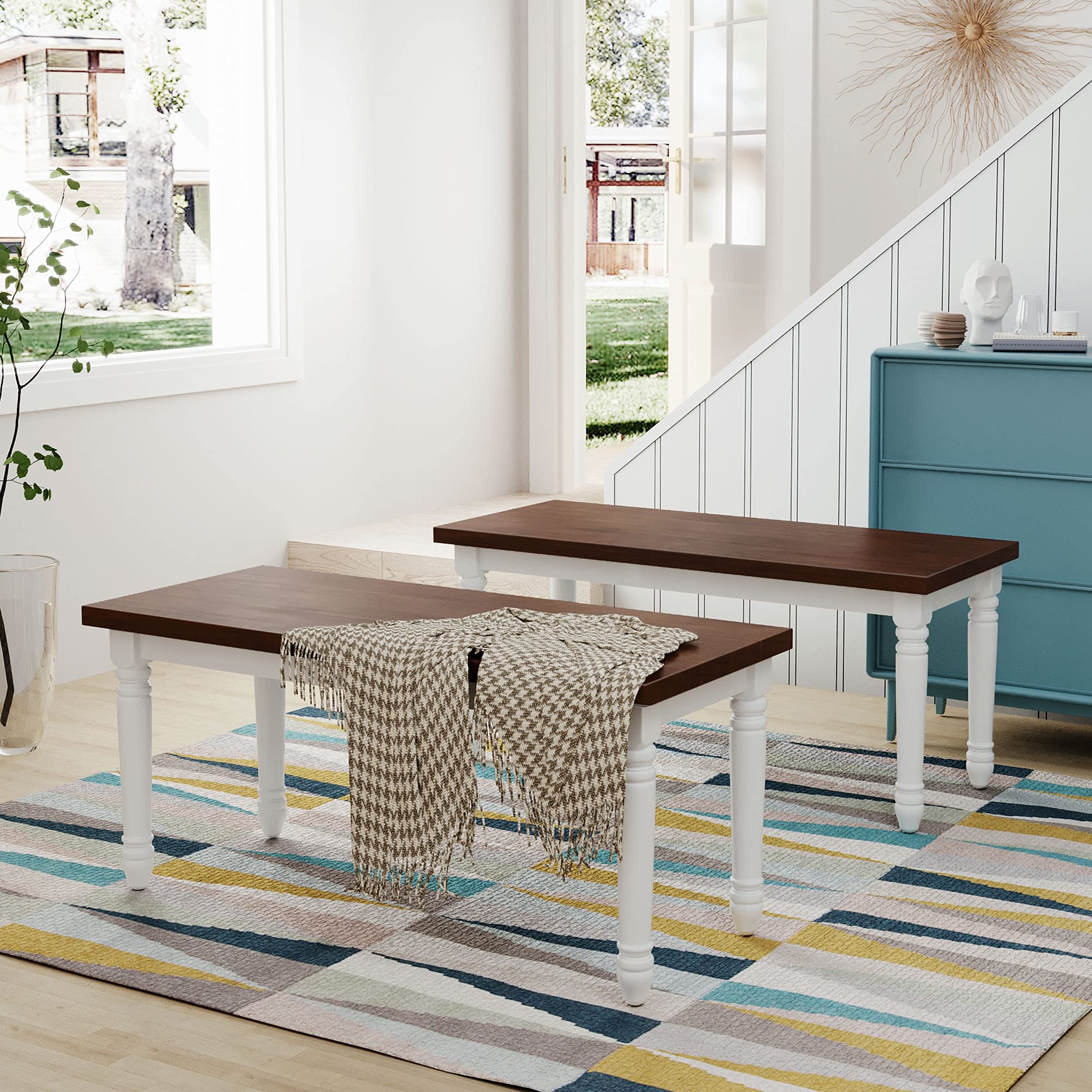 2-Piece Retro Farmhouse Solid Wood Kitchen Dining Benches Set - Cherry & White Finish - Perfect for Farmhouse, Cottage & Rustic Home Decor - Sturdy Seating for Kitchens, Dining Rooms & Breakfast Nooks