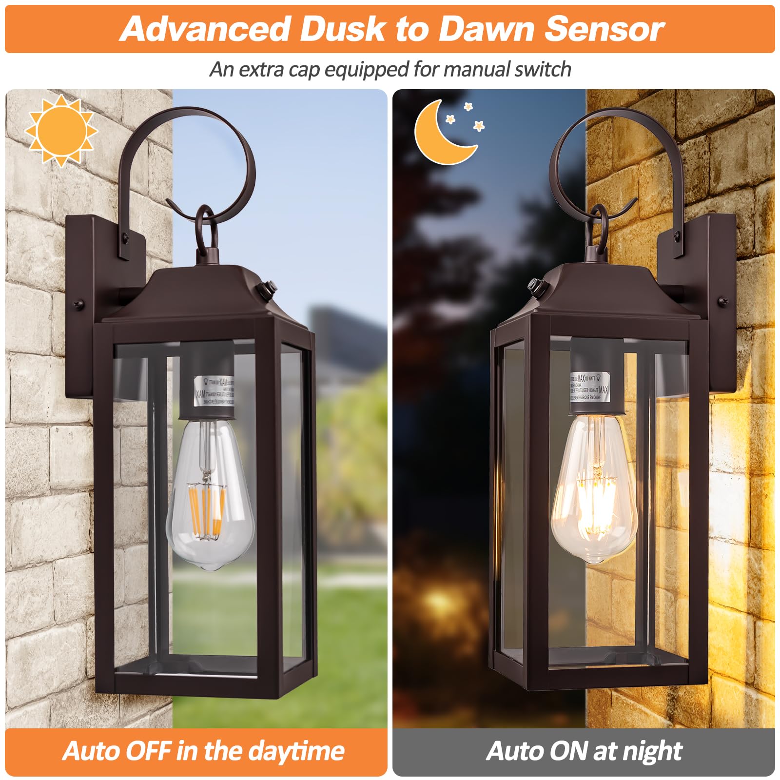 Dusk to Dawn Outdoor Wall Lights 2 Pack - Oil Rubbed Bronze Waterproof Exterior Wall Sconces, 15 Inch Modern Wall Lanterns for House, Porch, Garden & Patio Lighting