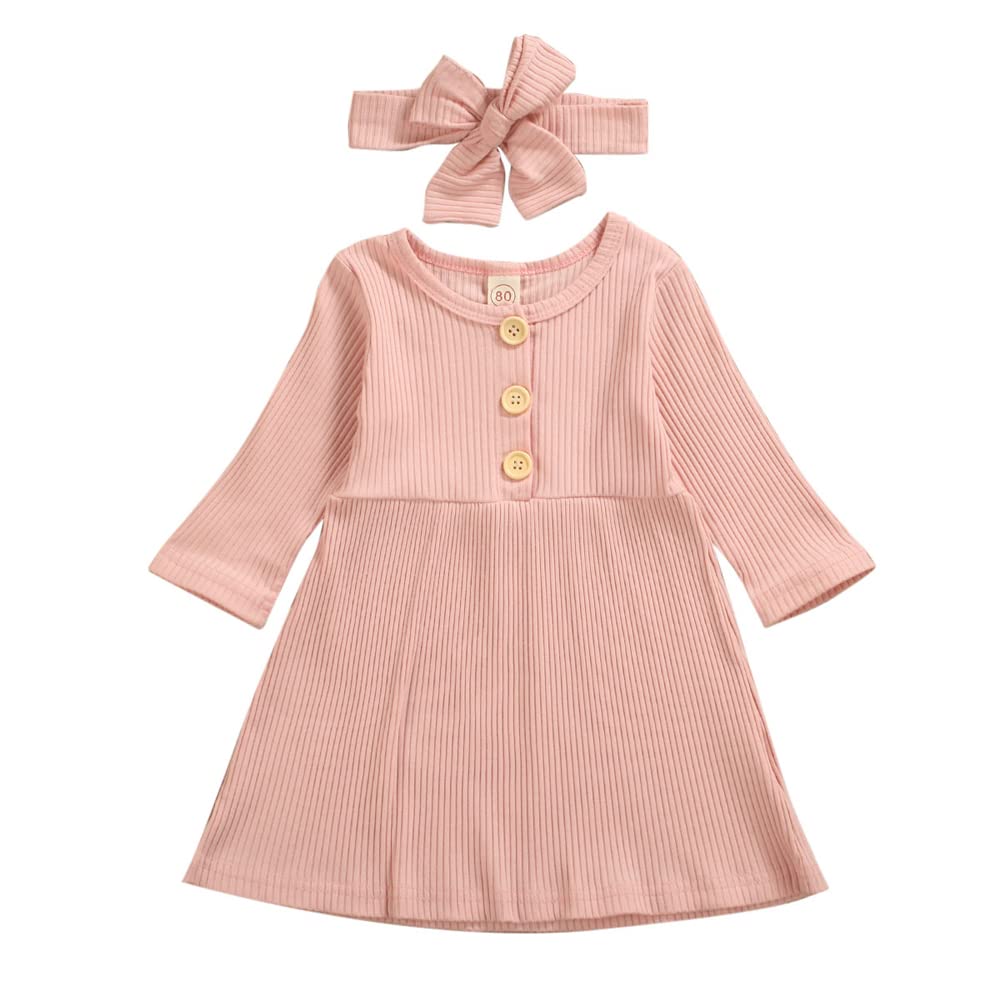 2-Piece Girls' Clothing Set - Casual Solid Color Long Sleeve Party Dress with Bow Headband (Pink, Size 100) | Perfect for Birthday Parties, Photo Shoots & Special Occasions