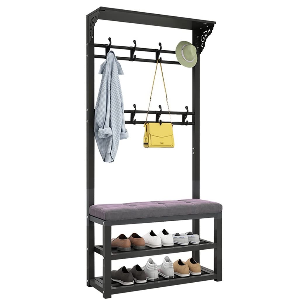 4-in-1 Hall Tree Coat Rack with Shoe Bench & 2-Tier Storage Shelf - Industrial Entryway Organizer (80x30x172cm, Black Gray) - Perfect for Mudroom, Foyer & Small Space Organization