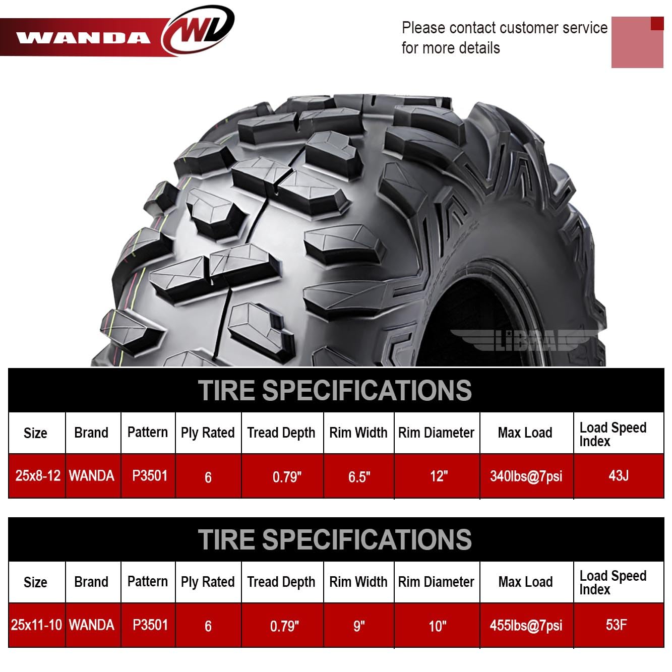 WANDA Set of 4 All-Terrain UTV/ATV Tires 25x8-12 & 25x11-10 - Compatible with 2007 Polaris 500 X2, 800 X2, P3501 - Perfect for Off-Roading, Mudding & Trail Adventures