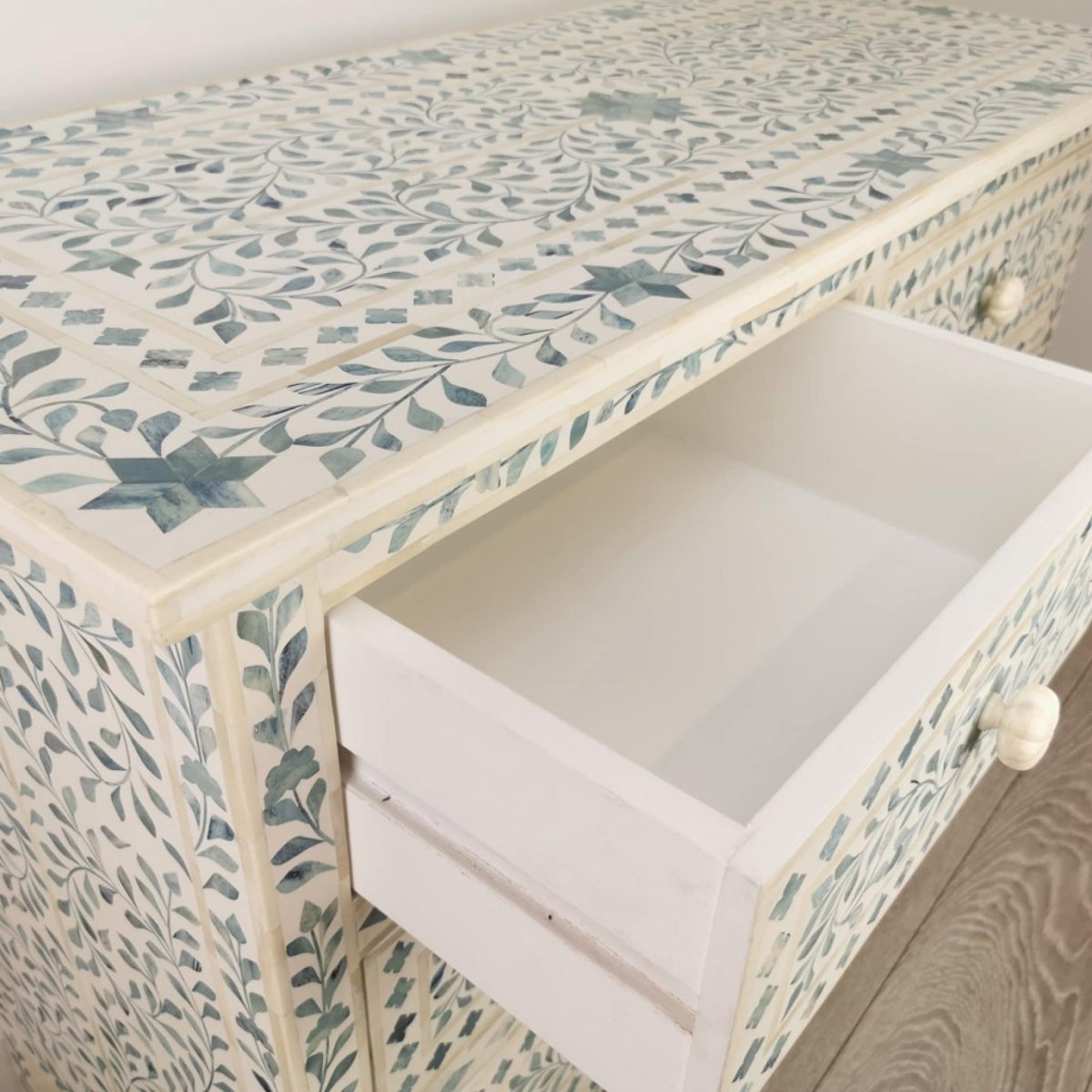 Handmade Bone Inlay Dresser with Floral White & Blue Design - 4 Drawer Storage Chest for Bedroom, Living Room, or Entryway Organization