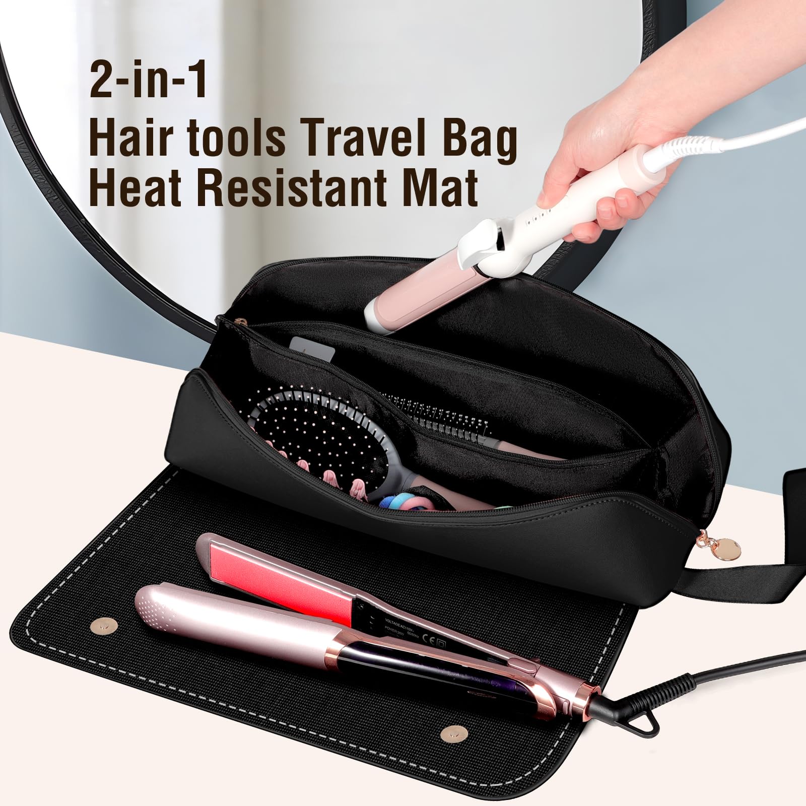 SS Hair Tools Travel Bag & Heat Resistant Mat for Hot Styling Tools - Leather Curling Iron Organizer Case for Women's Hair Accessories | Portable Travel Essentials for Blow Dryers, Straighteners & Curling Wands | Perfect for Salon Professionals & On-the-Go Styling