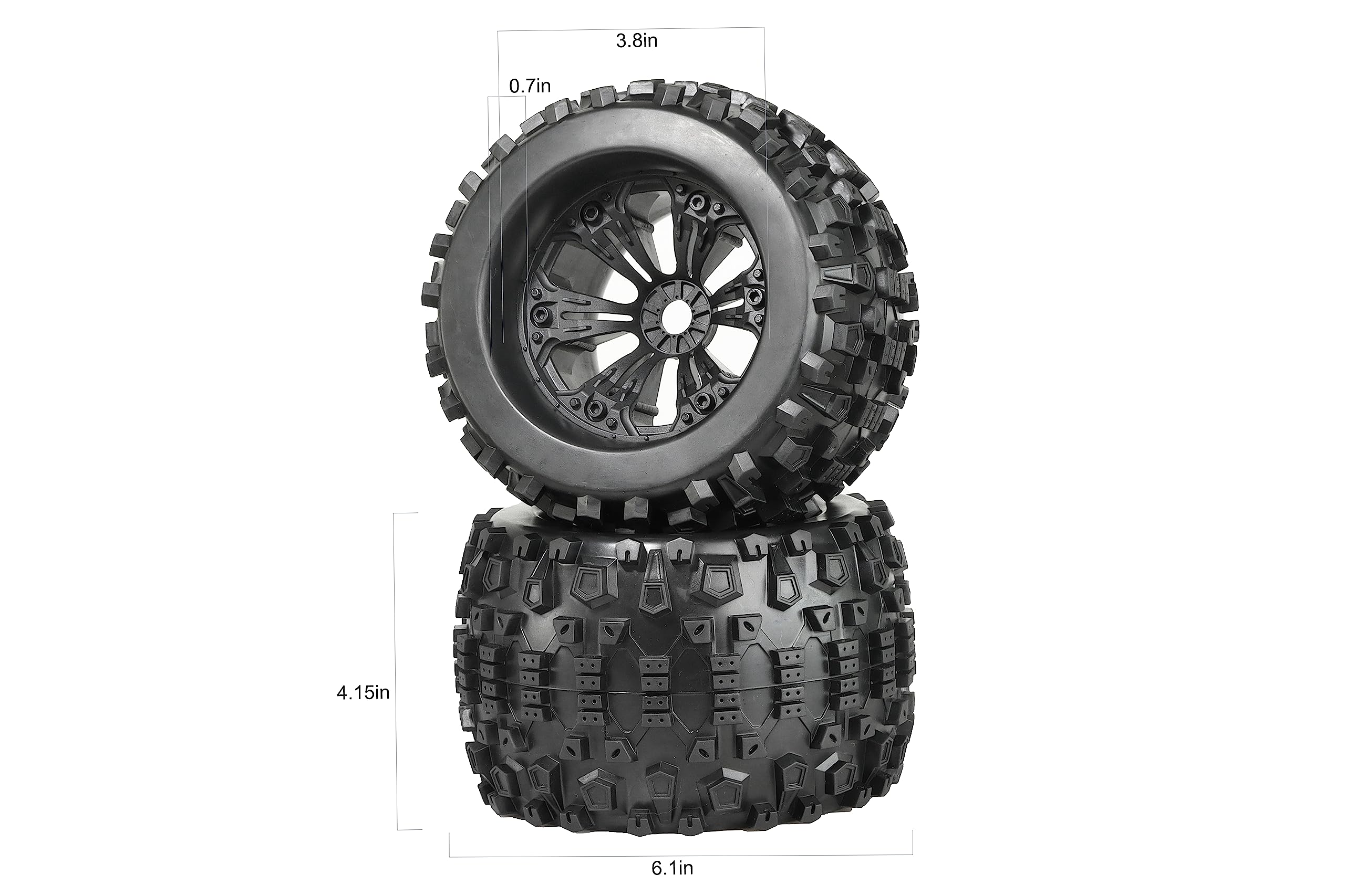 17mm Hex RC Wheels and Tires Set of 4 - Compatible with Traxxas Sledge, XMaxx, Revo 3.3, Summit, Arrma Kraton, Notorious, Outcast 6s, Redcat 3.8 - 1/8 Scale Pre-Glued Off-Road RC Truck Tires - Perfect for Bashing, Crawling and High-Speed Racing