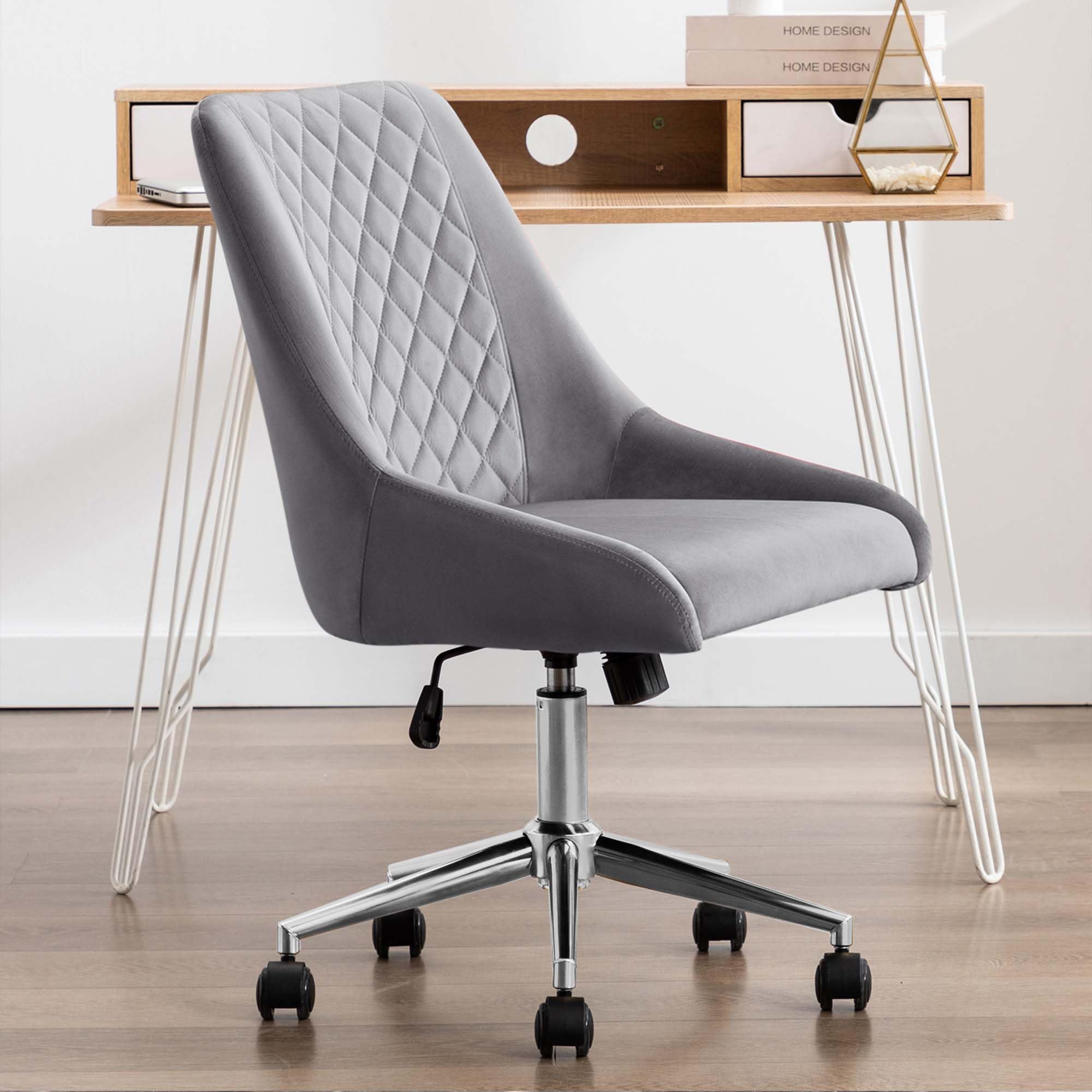 DUHOME Velvet Home Office Chair with Wheels - Adjustable Swivel Accent Chair with Backrest, Armless Computer Desk Chair for Bedroom, Living Room & Workspace - Grey (Perfect for Remote Work, Gaming & Small Spaces)