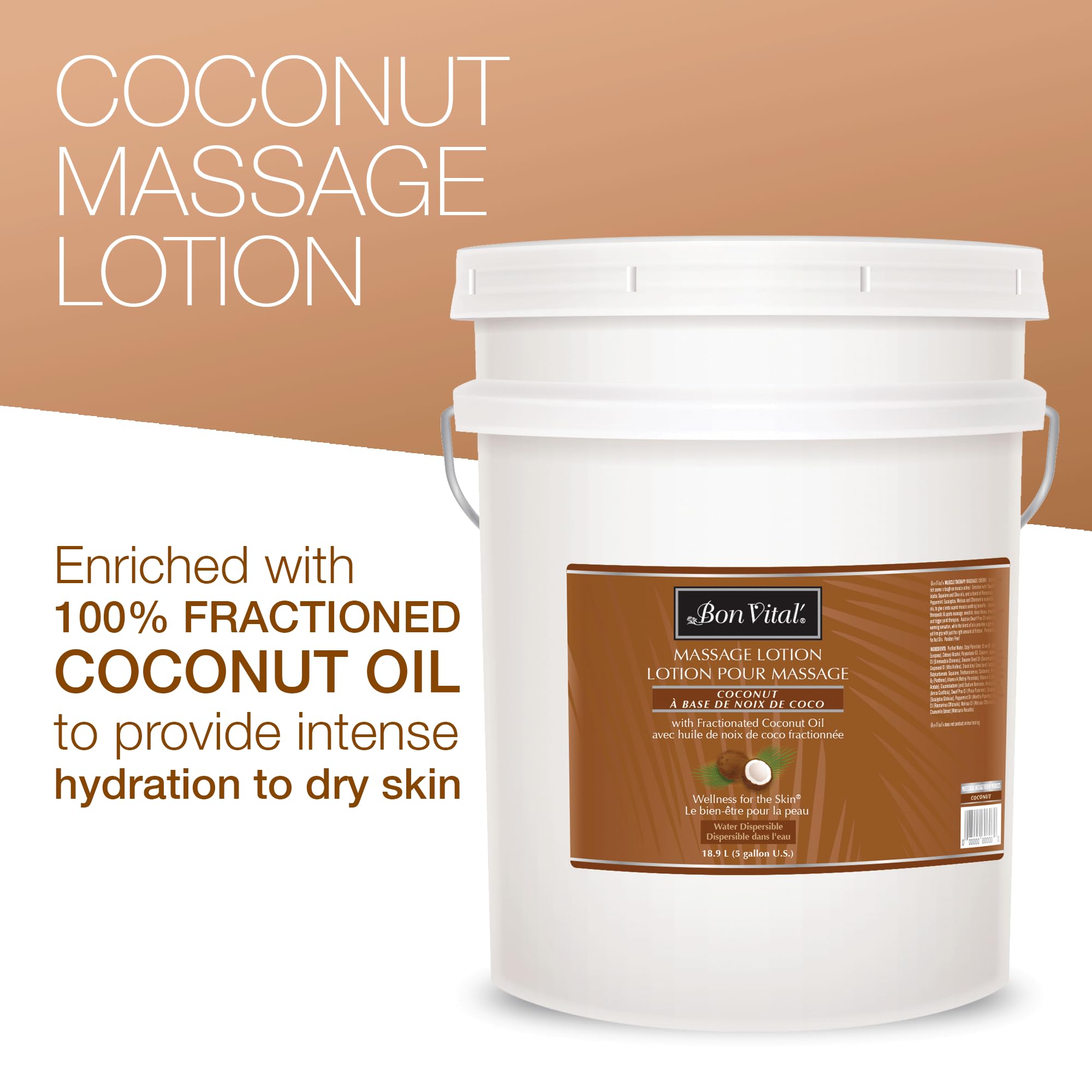 Bon Vital' 100% Pure Fractionated Coconut Oil Massage Lotion - Lightweight Hydrating & Moisturizing Body Lotion for Professional & Home Spa Use - 5 Gallon Bulk Size (Label May Vary) - Perfect for Massage Therapists, Aromatherapy & Skin Care Routines