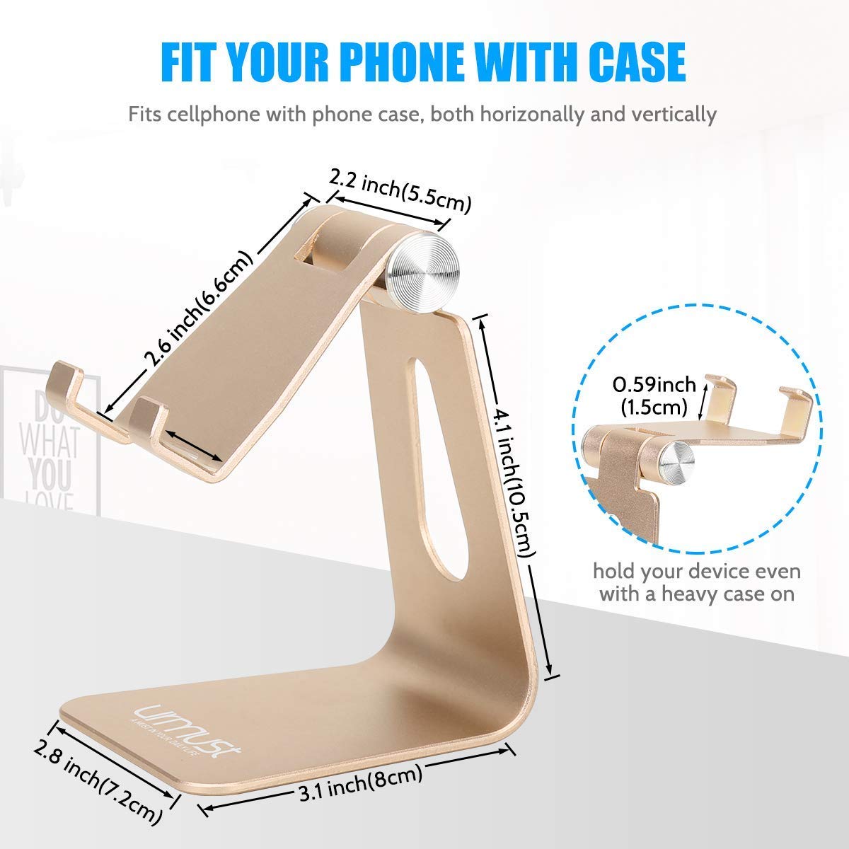 Urmust Adjustable Gold Phone Stand - Universal Smartphone Holder for Desk, Table, Bed & Car Use - Perfect for Watching Videos, Video Calls & Hands-Free Viewing