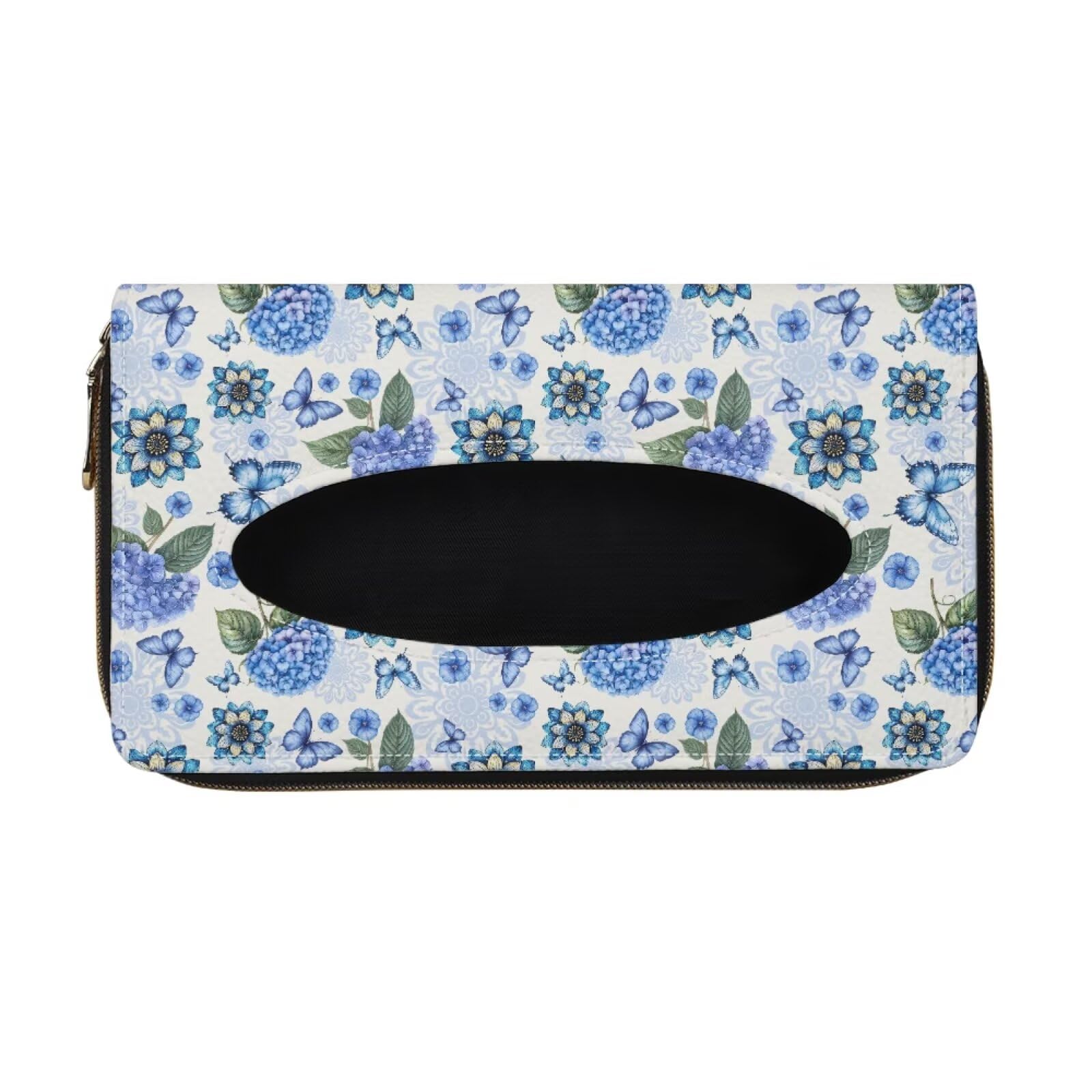 Blue Butterfly Mandala Hydrangea Floral Car Tissue Holder - PU Leather Sun Visor Napkin Organizer for Backseat | Car Accessories for Women, Travel & Road Trips
