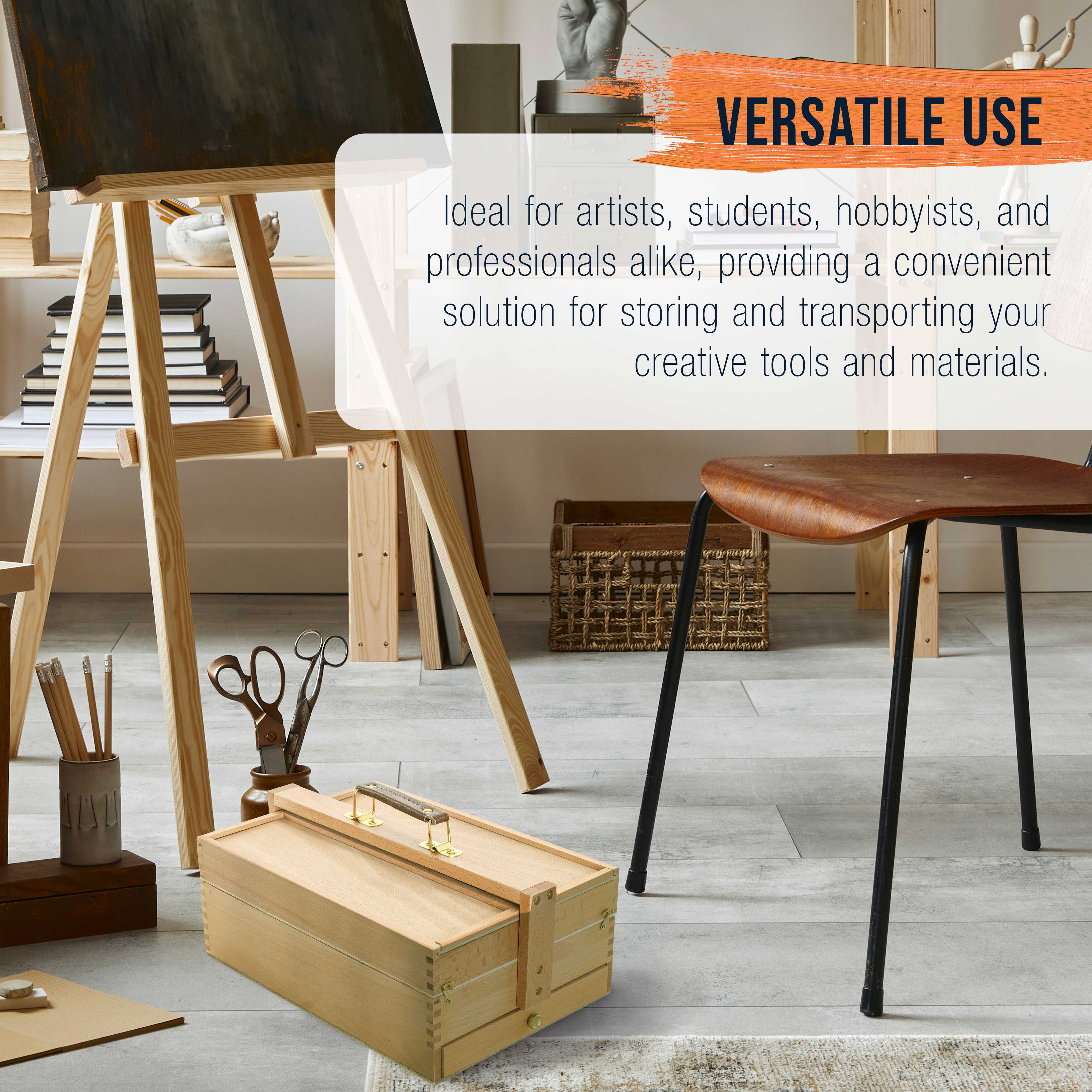 Multi-Function Unfinished Beechwood Artist Tool Storage Box with Drawer & Locking Clasps - Organize Paints, Pastels, Pencils, Brushes & Art Supplies - Perfect for Studio, Classroom & Travel
