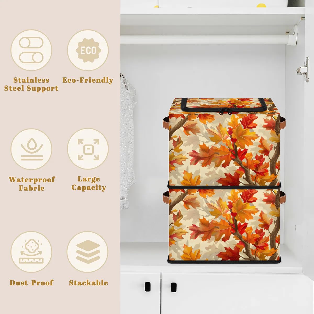 Collapsible Storage Bins with Lids - Foldable Fabric Storage Cubes for Clothes, Toys, Blankets | Dustproof Stackable Organizer for Closet, Nursery & Home Organization | Fall Leaves Maple Design for Seasonal Decor