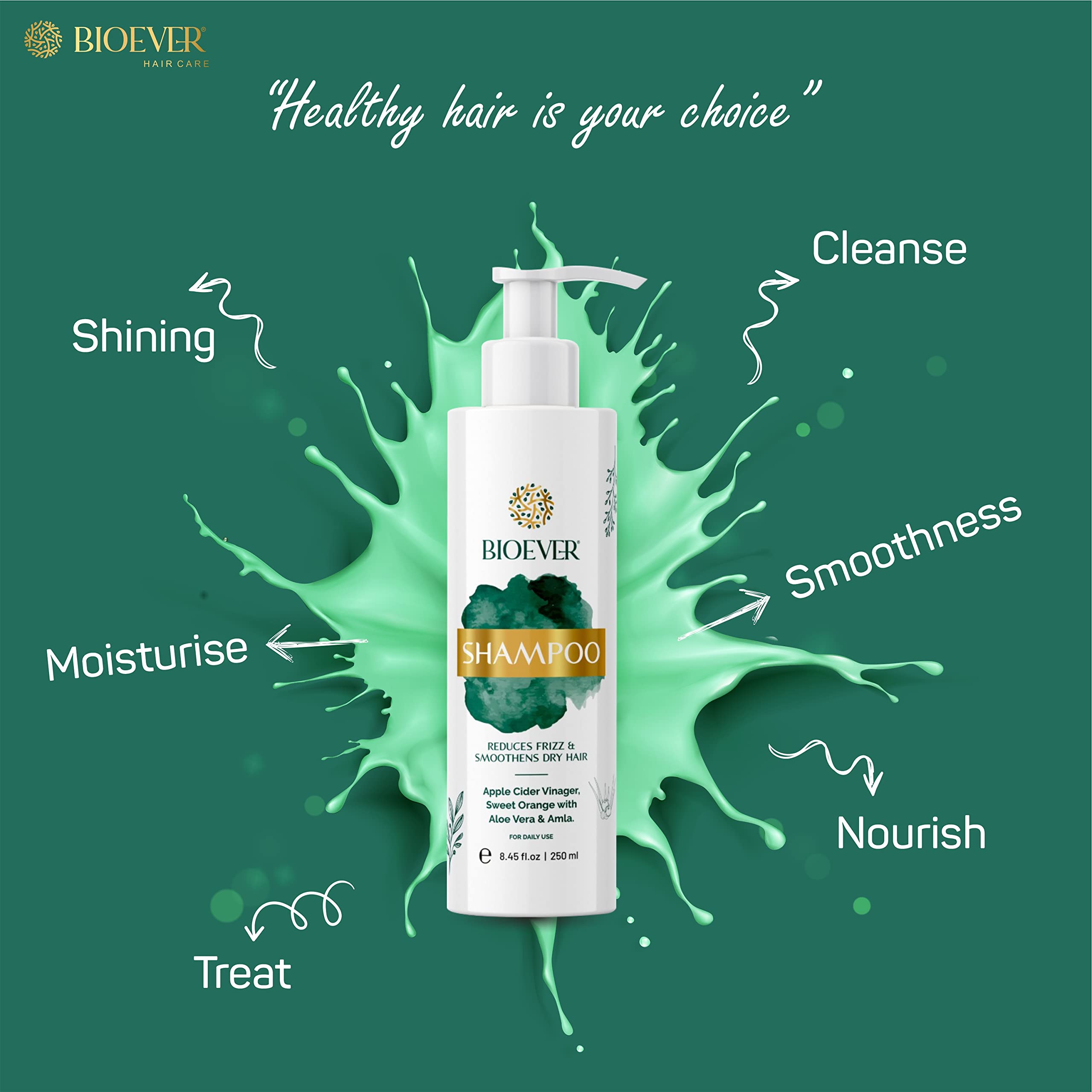 Bioever Anti Hair Fall Shampoo with Apple Cider Vinegar, Aloe Vera & Amla - Frizz Control & Hair Strengthening Treatment - Paraben Free & Sulfate Free - 2 Pack (250ml Each) for Men & Women - Perfect for Daily Use & Damaged Hair Repair