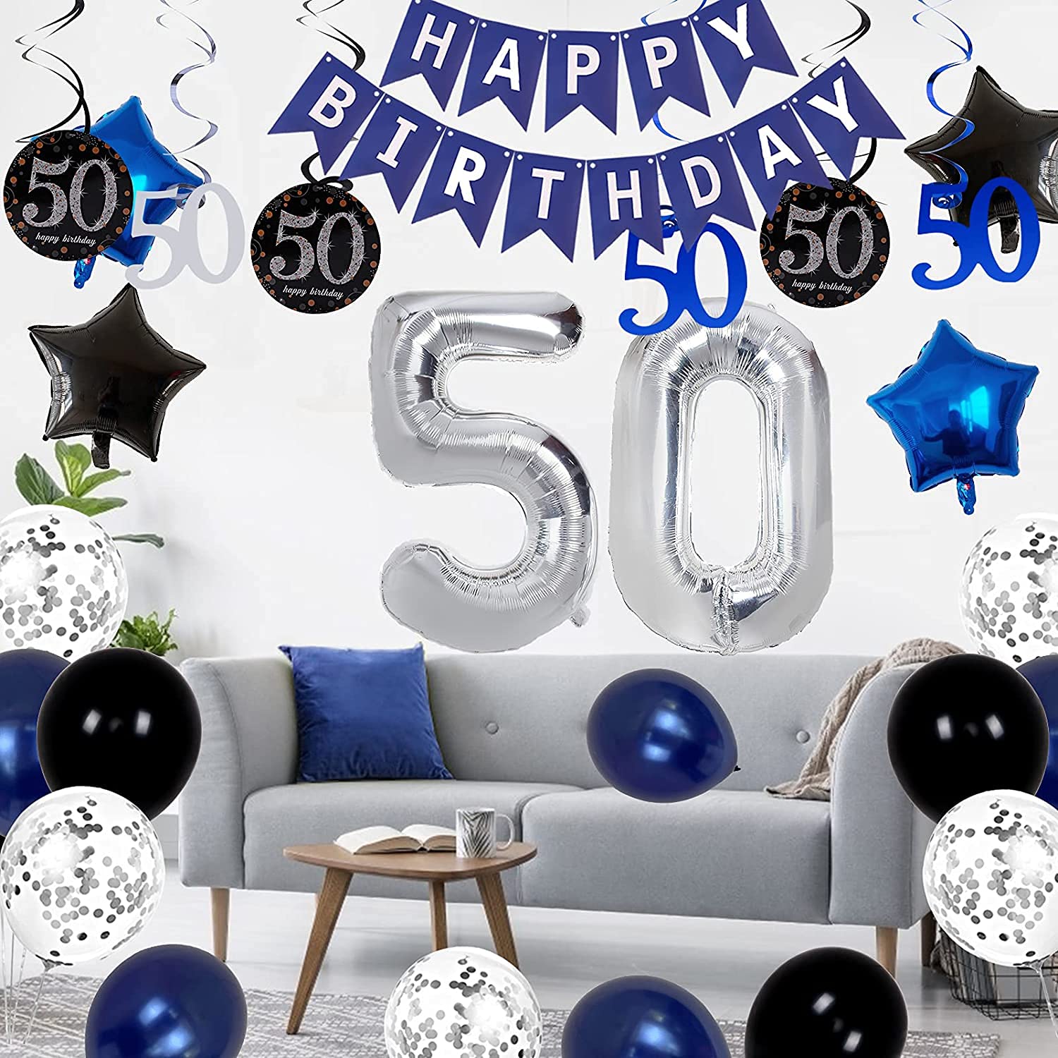 50th Birthday Party Decorations Set for Men & Women - Blue Happy Birthday Banner, Balloons & Party Supplies - Perfect for 50th Birthday Celebrations, Milestone Parties & Anniversary Decorations