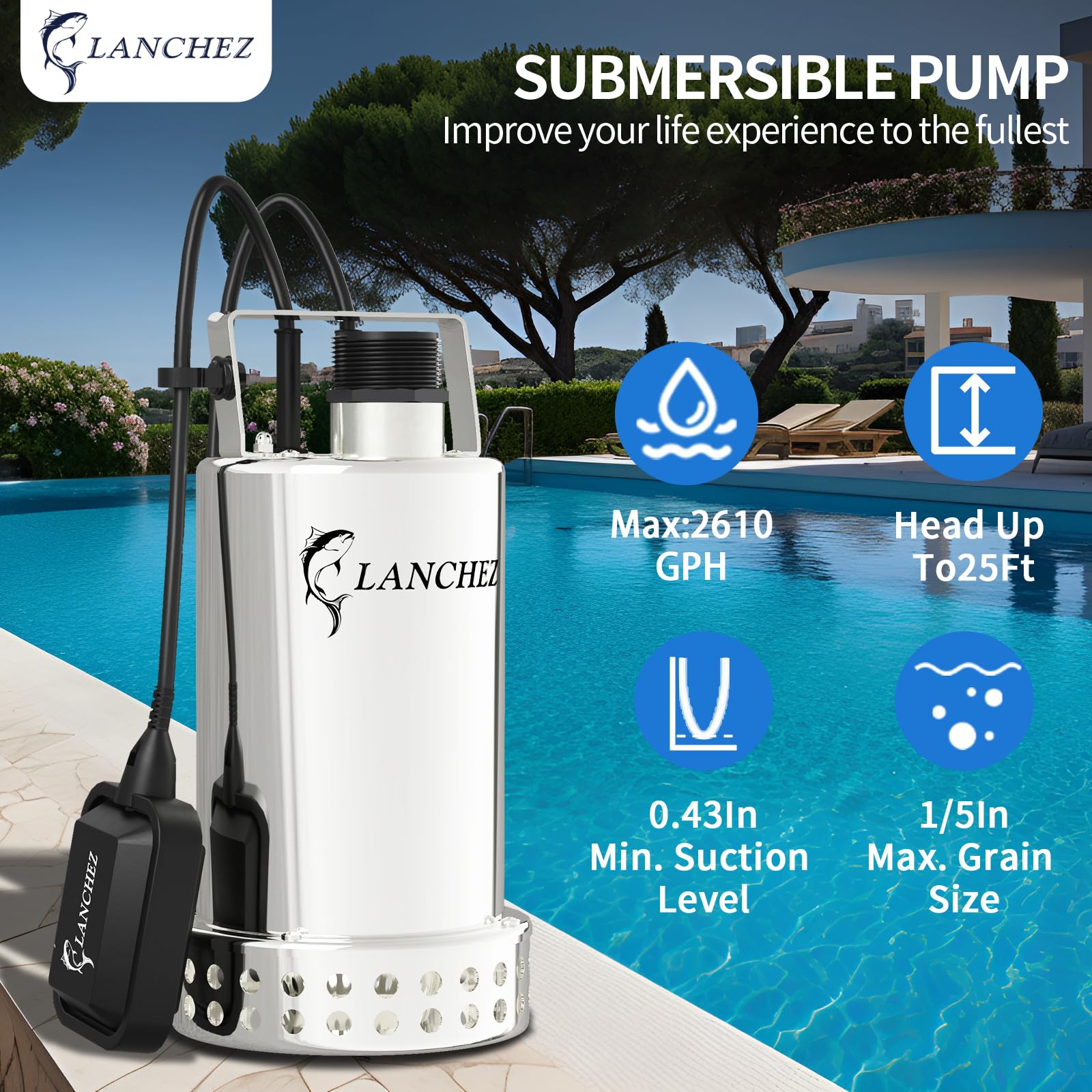 Lanchez 2610GPH Stainless Steel Submersible Sump Pump with Automatic Float Switch - Heavy Duty Portable Water Utility Pump with Copper Wire Motor & 25FT Cord - Ideal for Pool Draining, Pond Maintenance, Basement Flooding, and Emergency Water Removal
