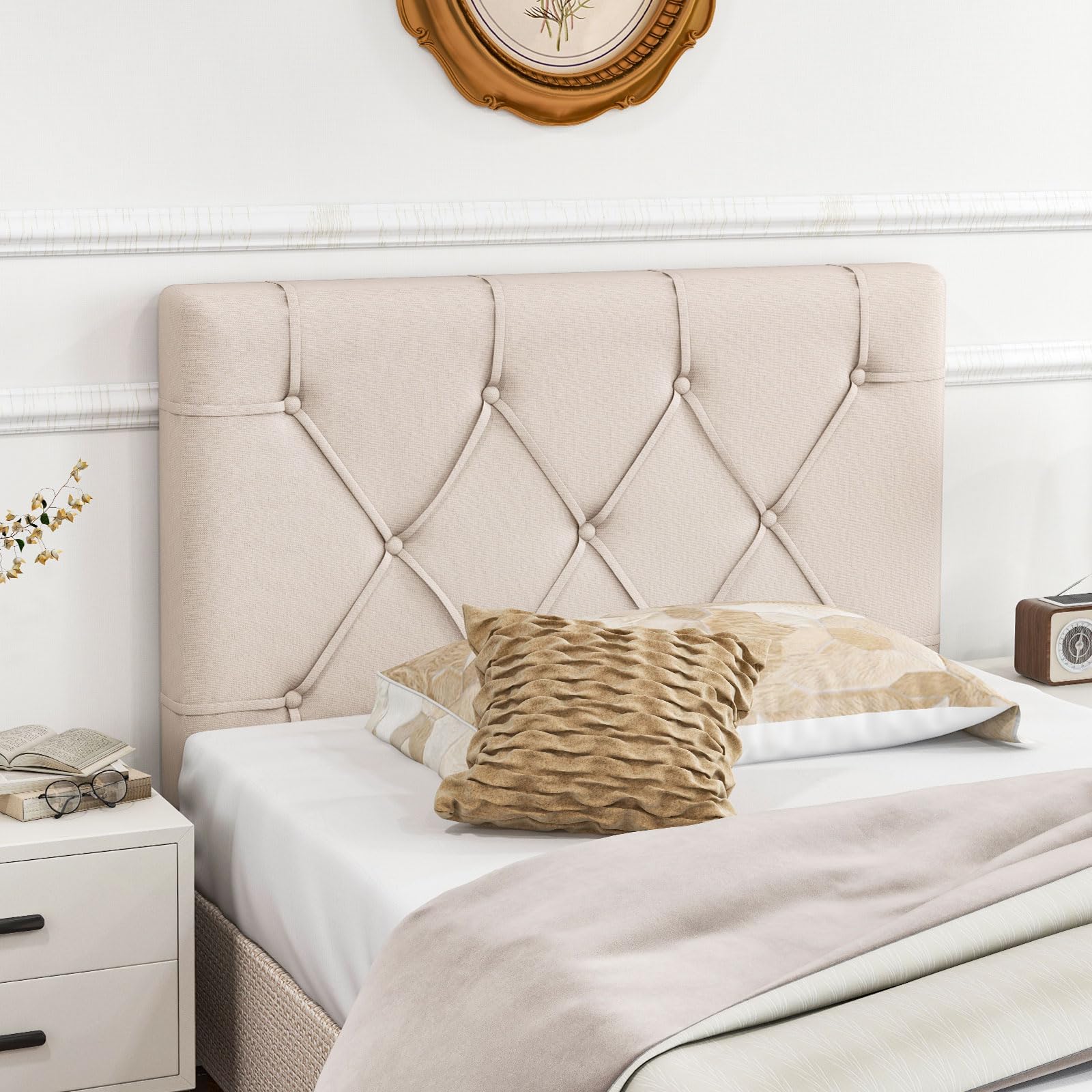 Giantex Upholstered Twin/Twin XL Headboard - Wall Mounted Button Tufted Bed Headboard for Dorm Bedroom, Beige | Modern Bedroom Decor, Space Saving Solution for Small Rooms & College Dorms