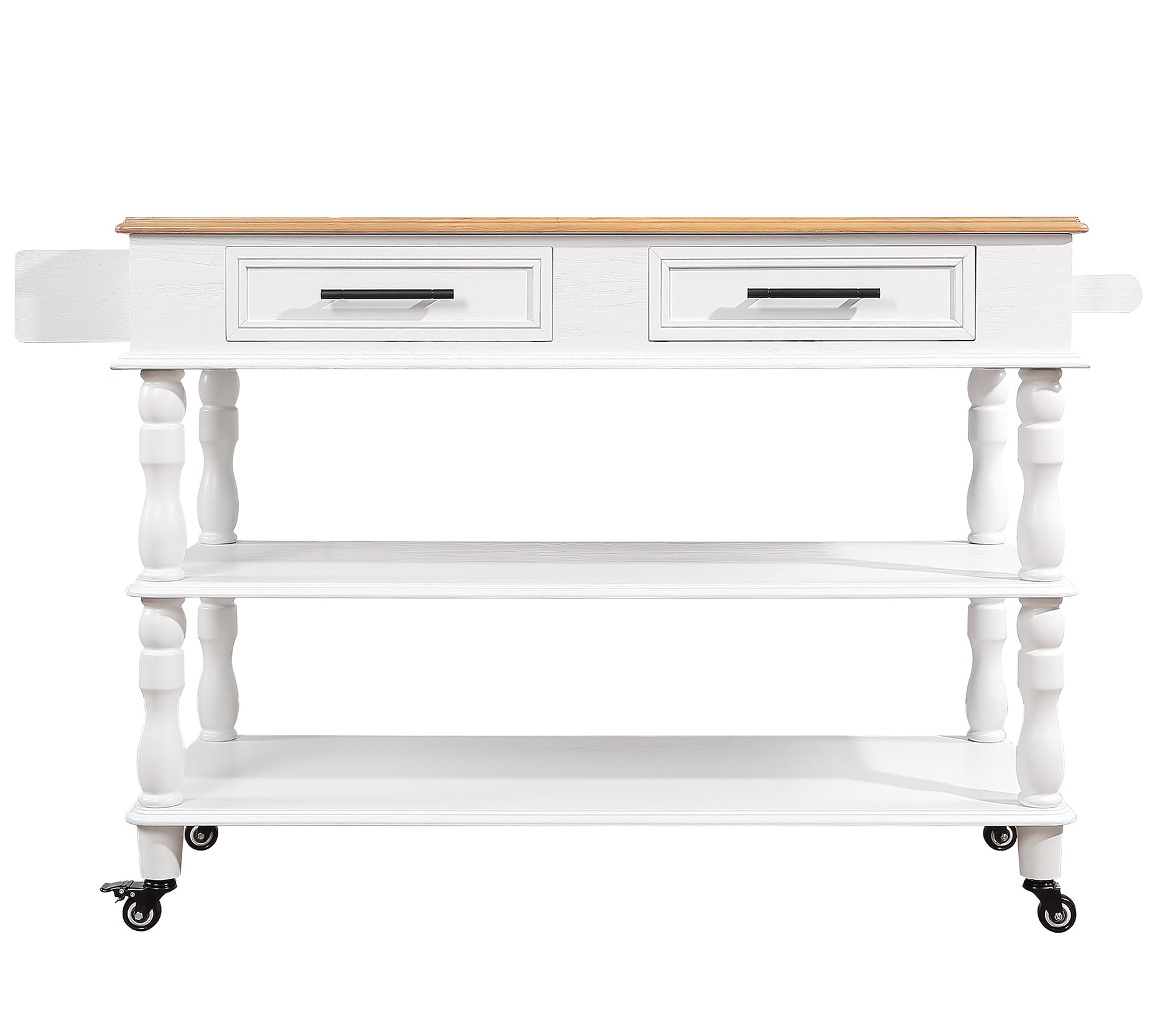 56 Inch Solid Oak Wood Kitchen Island Cart with 2 Drawers & Storage Shelves - Rolling Kitchen Cart with Wine Rack, Spice Organizer - White - Perfect for Small Kitchens, Dining Rooms & Home Bar Setup